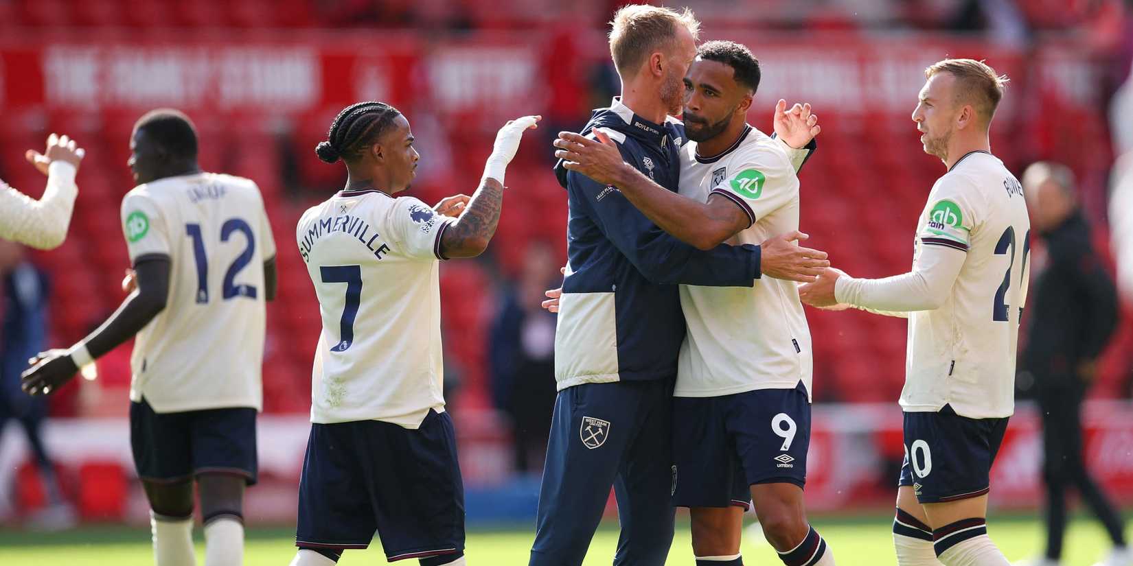 West Ham United Manager celebrates Graham Potter and Callum Wilson after the match