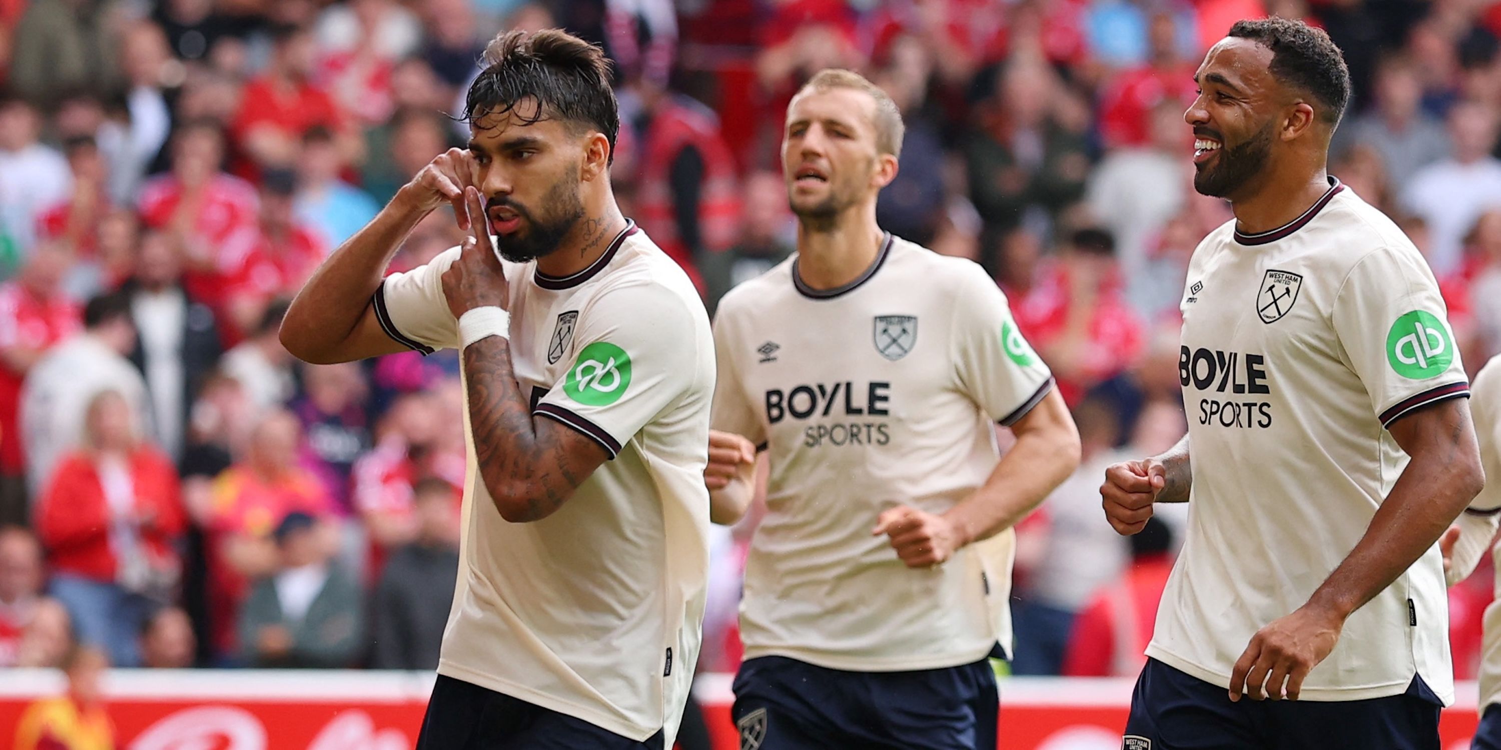 West Ham United's Lucas Paqueta celebrates scoring their second goal with Callum Wilson