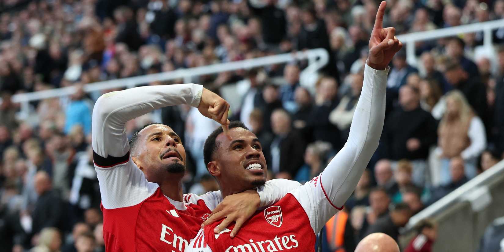 Arsenal's Gabriel Magalhaes celebrates scoring their second goal with William Saliba 