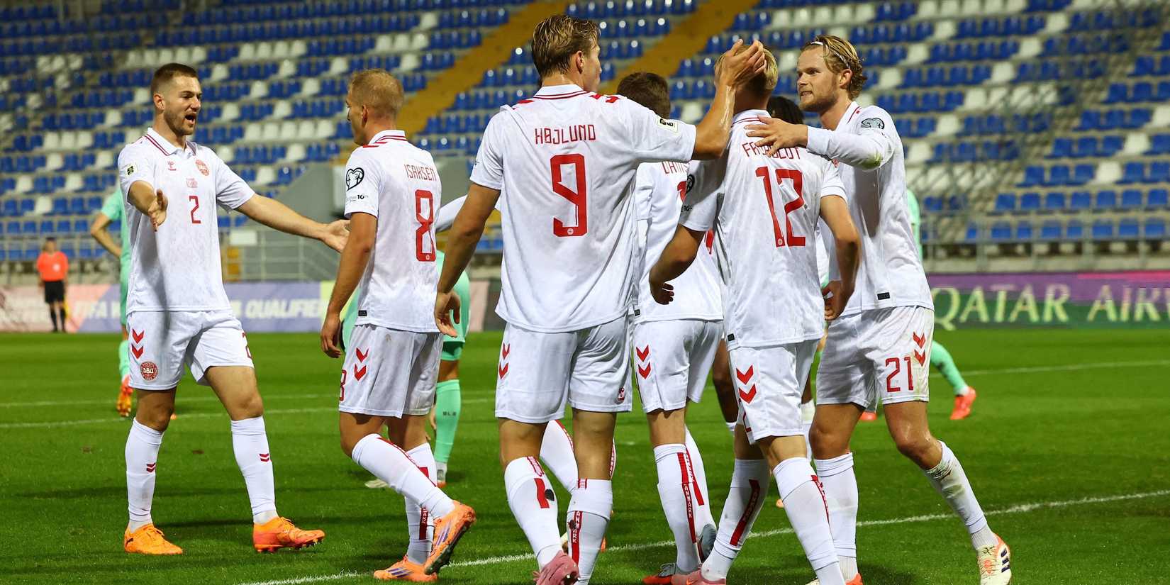 Denmark's Victor Froholdt celebrates scoring their first goal with Rasmus Hojlund, Morten Hjulmand and teammates