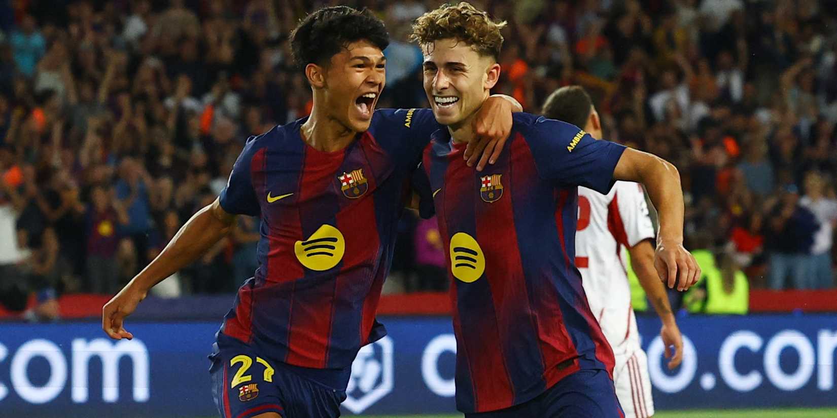 FC Barcelona's Fermin Lopez celebrates scoring their second goal with Dro Fernandez