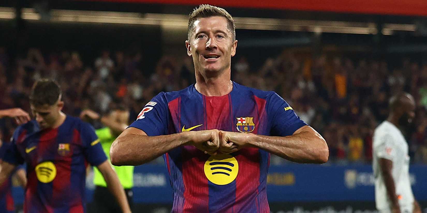 FC Barcelona's Robert Lewandowski celebrates scoring their fifth goal