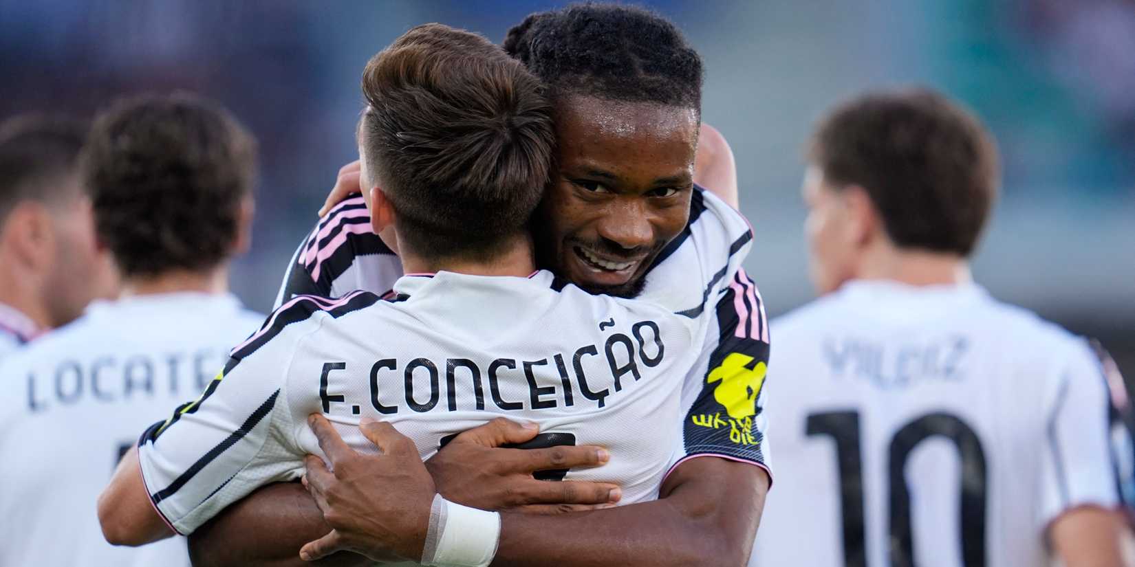 Juventus' Francisco Conceicao celebrates scoring their first goal with Khephren Thuram