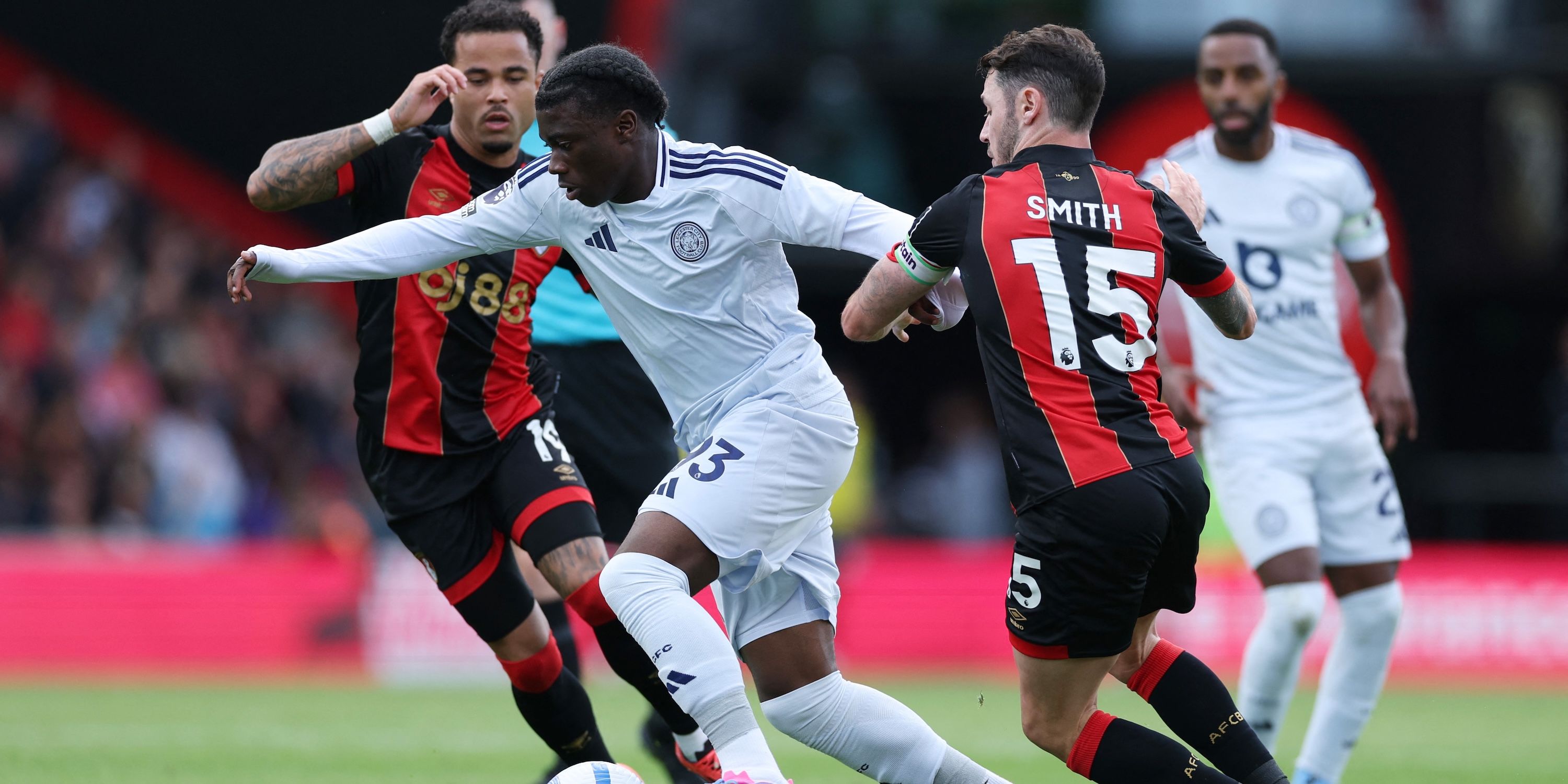 Leicester City`s Jeremy Monga in action with AFC Bournemouth`s Adam Smith and Justin Kluivert