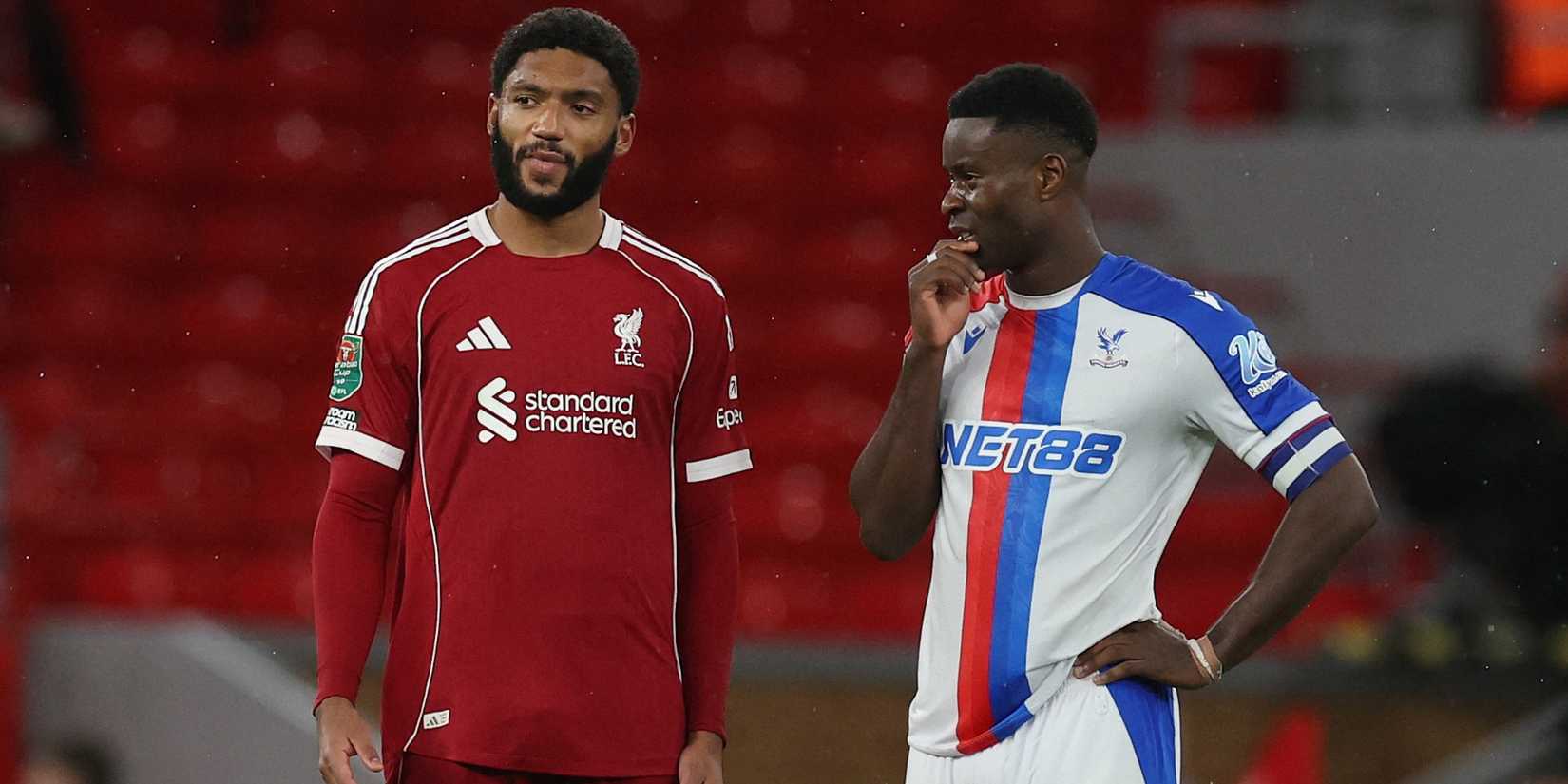 Liverpool's Joe Gomez talks to Crystal Palace's Marc Guehi at the end of the match