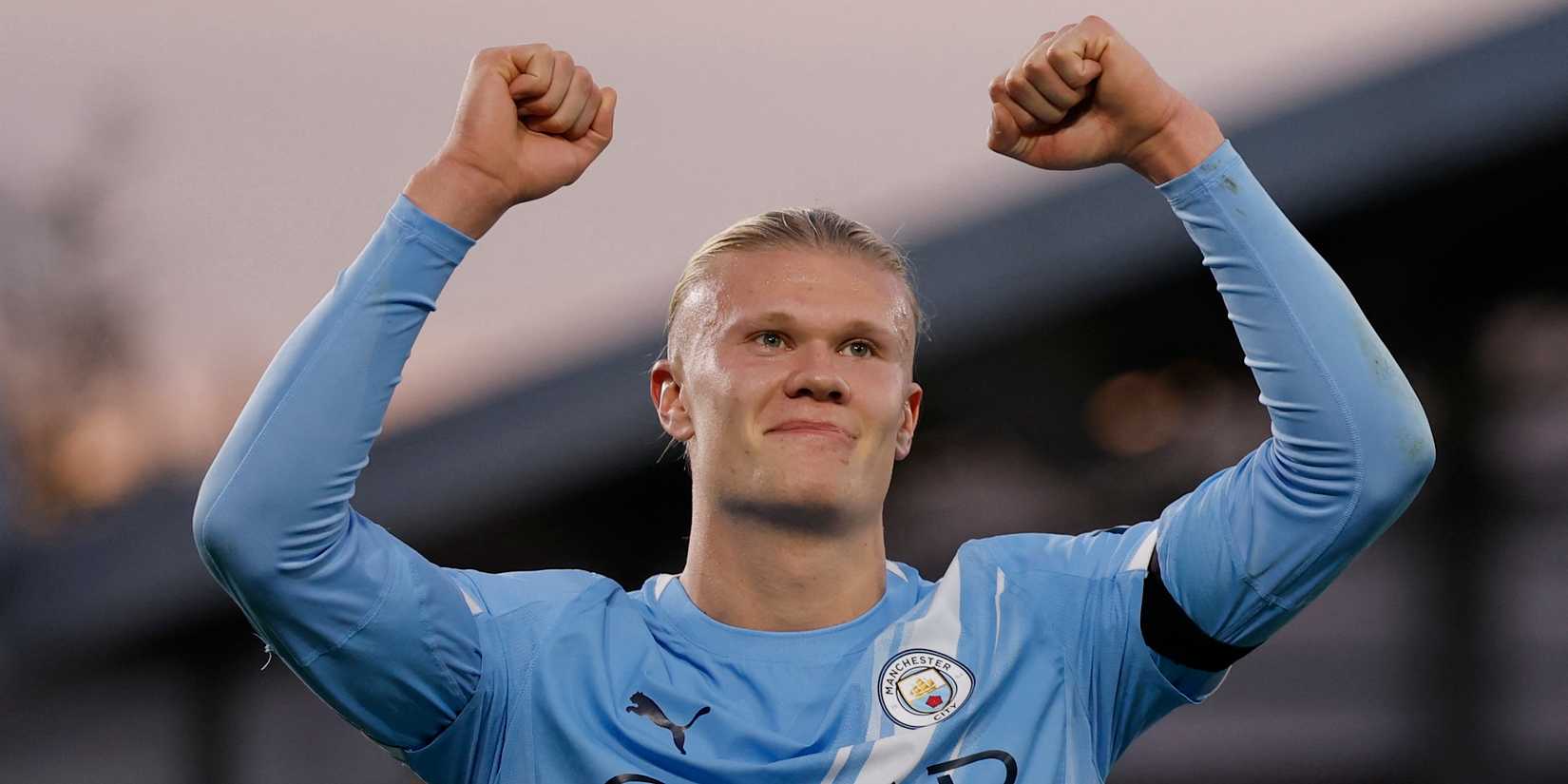 Manchester City's Erling Haaland celebrates after the match