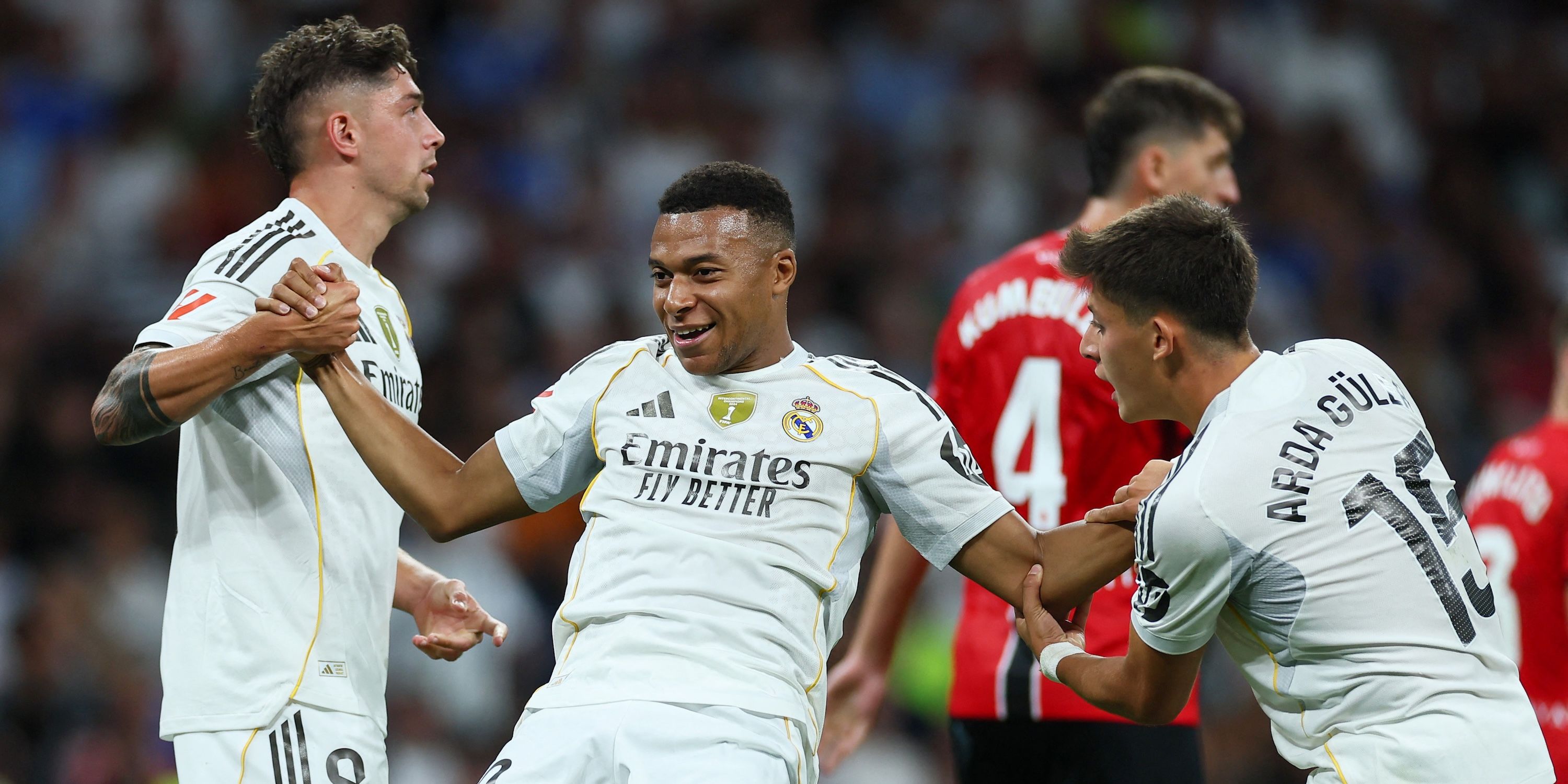   Real Madrid's Kylian Mbappe, Federico Valverde and Arda Guler