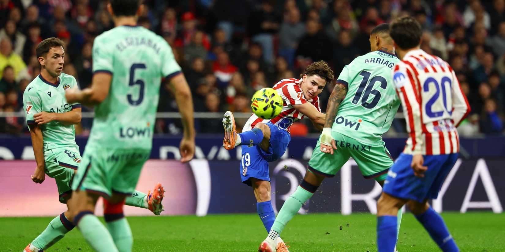 Atletico Madrid's Julian Alvarez shoots at goal