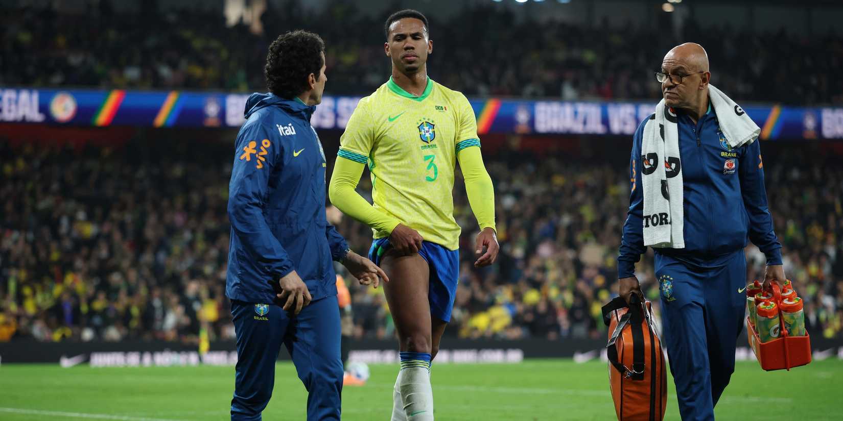 Brazil's Gabriel Magalhaes reacts after being substituted due to an injury