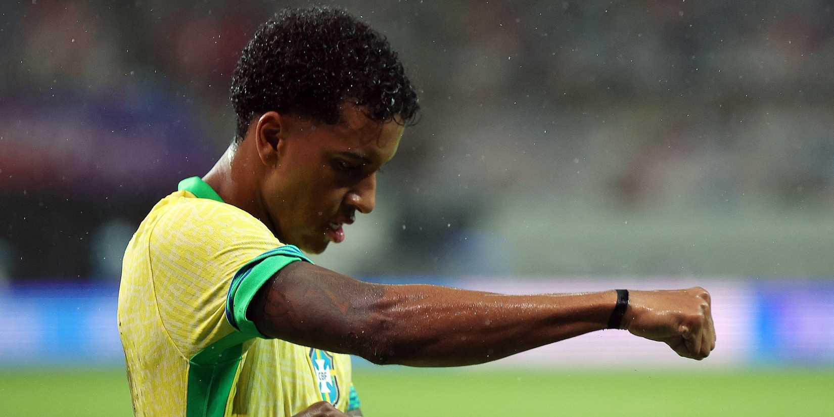 Brazil's Rodrygo celebrates scoring their second goal 
