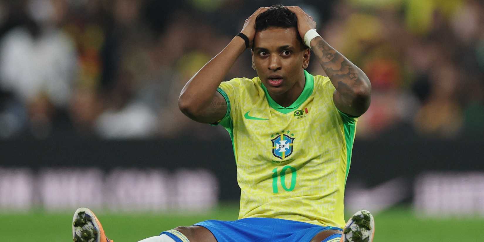 Brazil's Rodrygo reacts
