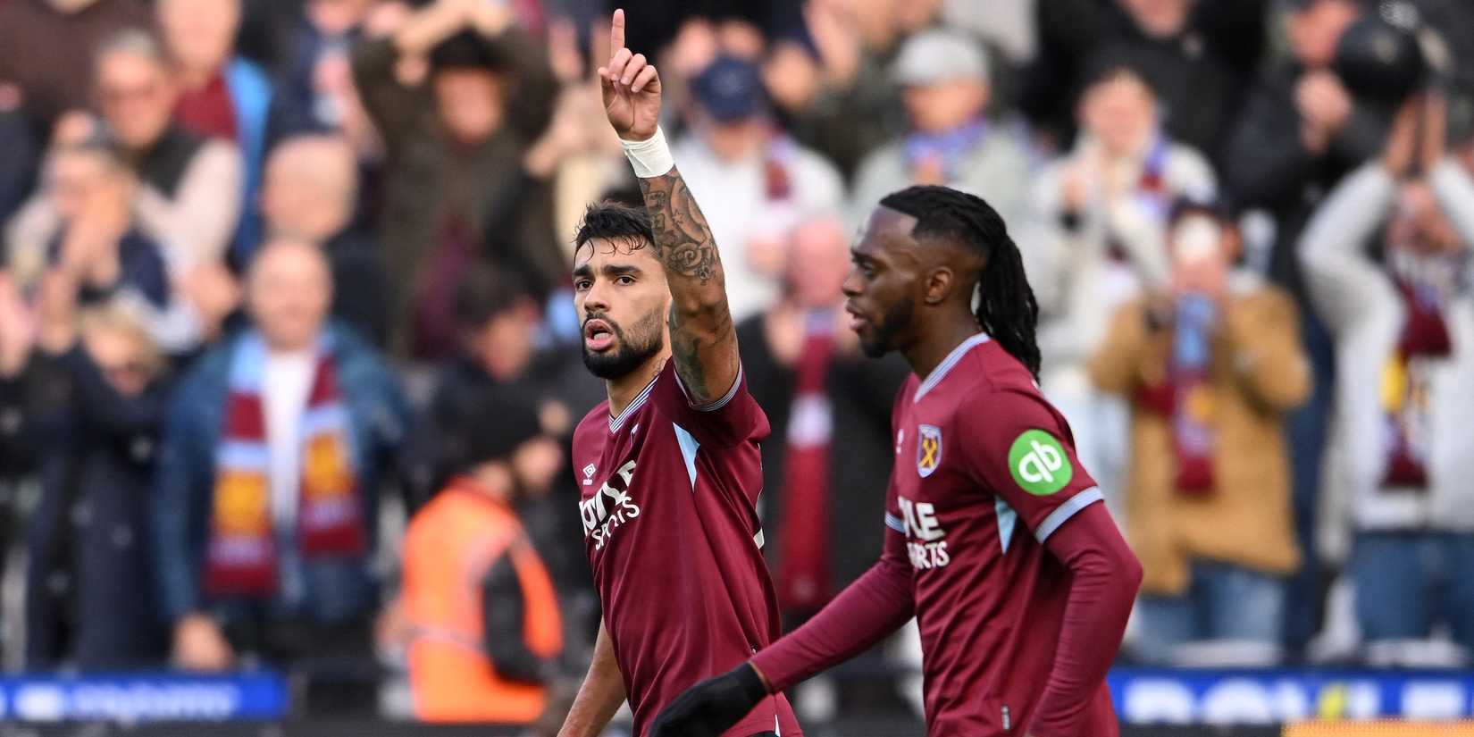 West Ham United's Lucas Paqueta celebrates scoring their first goal 