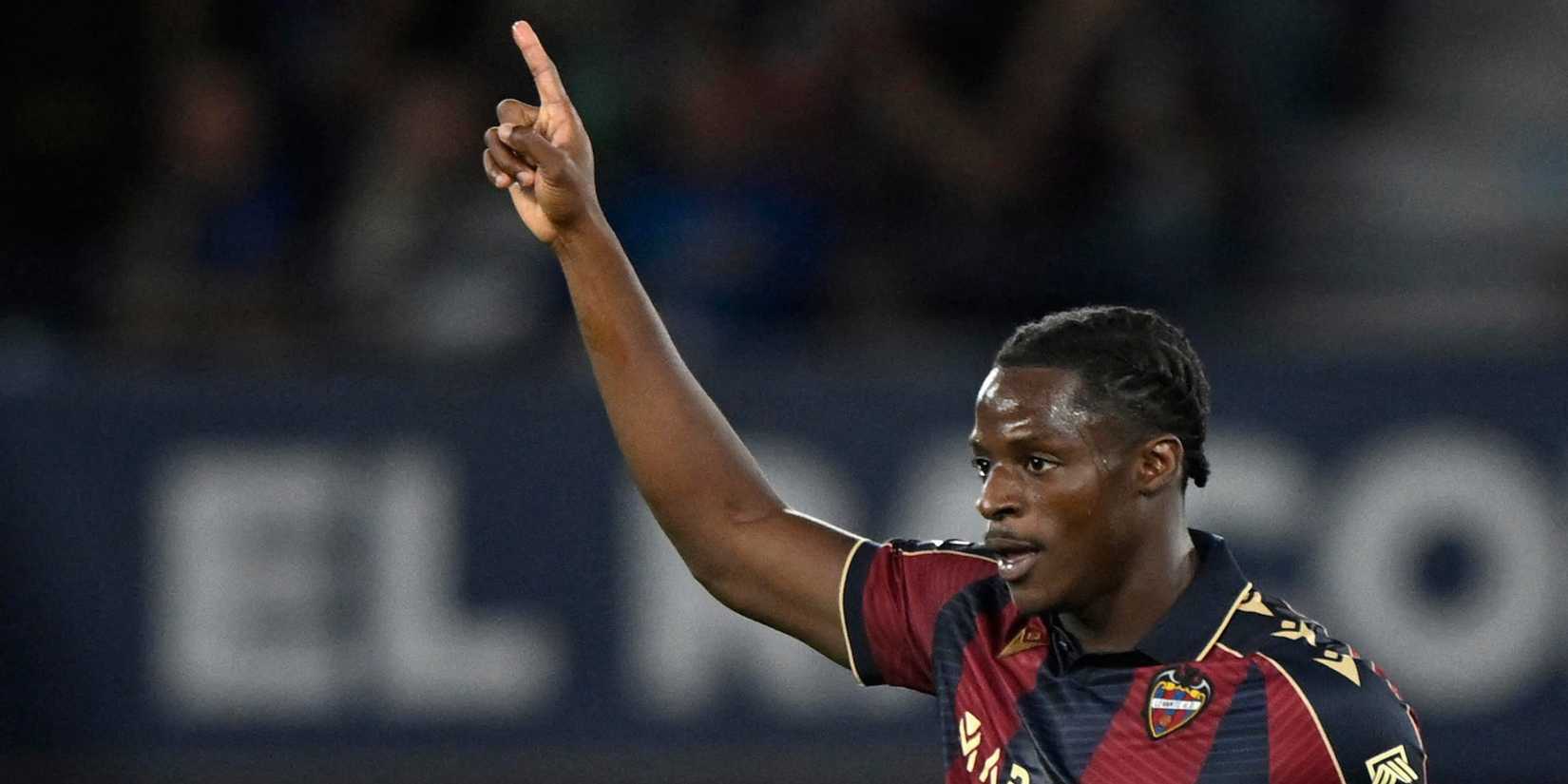 Levante's Etta Eyong celebrates scoring their first goal 