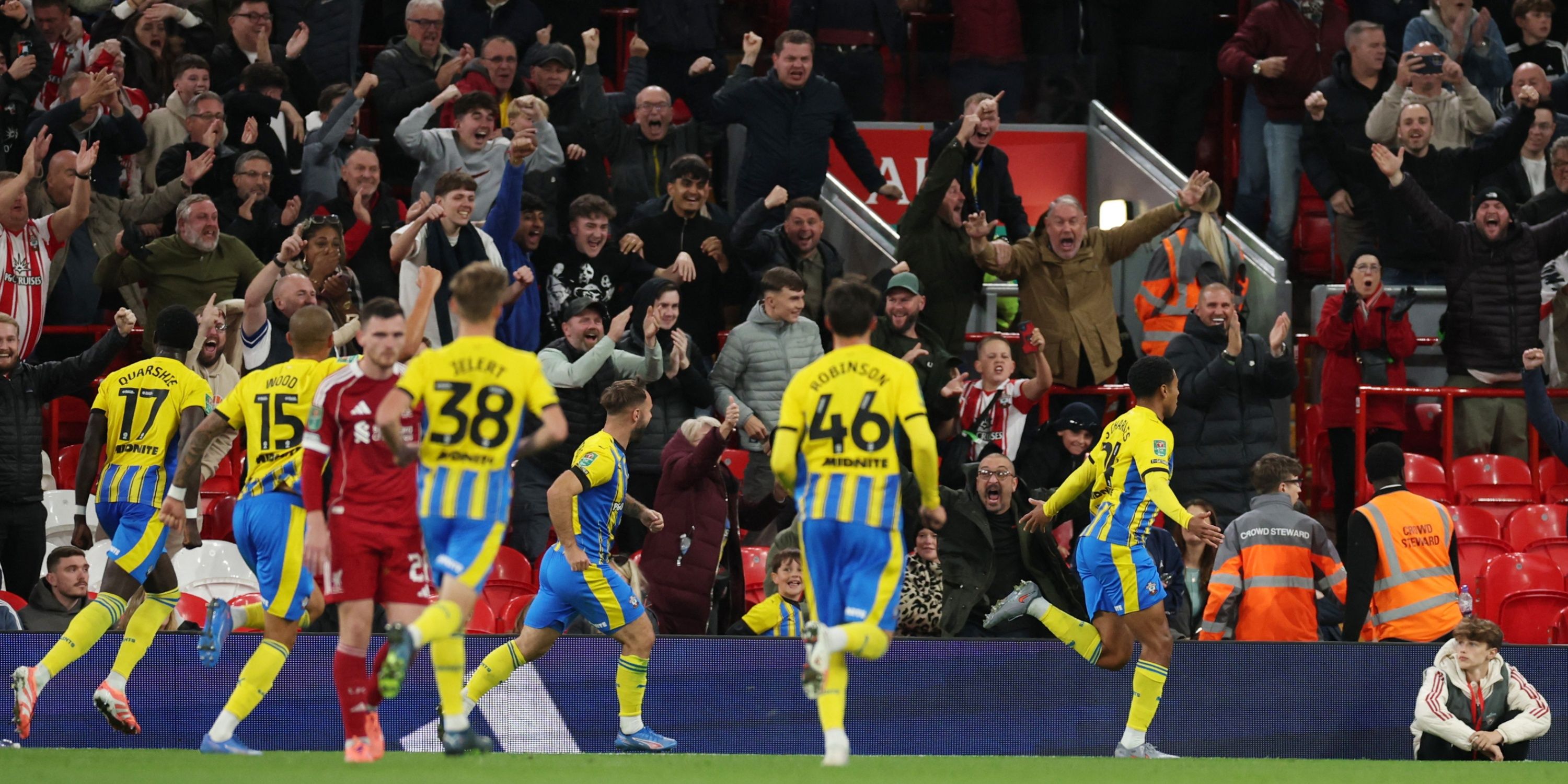 Southampton players celebrating against Liverpool