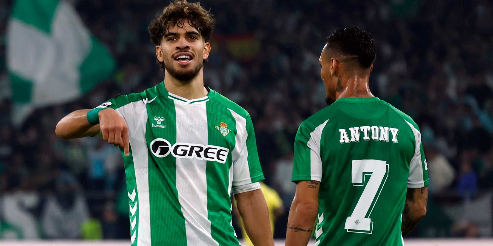 Real Betis' Abde Ezzalzouli celebrates scoring their first goal with Antony 