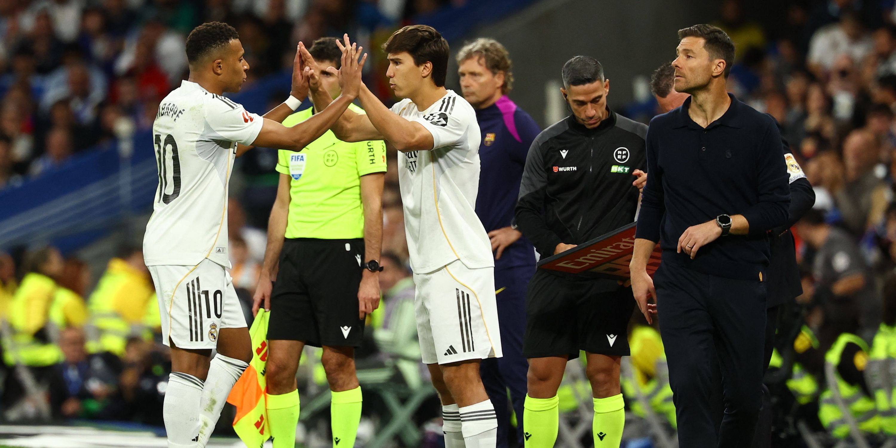 Real Madrid's Gonzalo Garcia comes on as a substitute to replace Kylian Mbappe