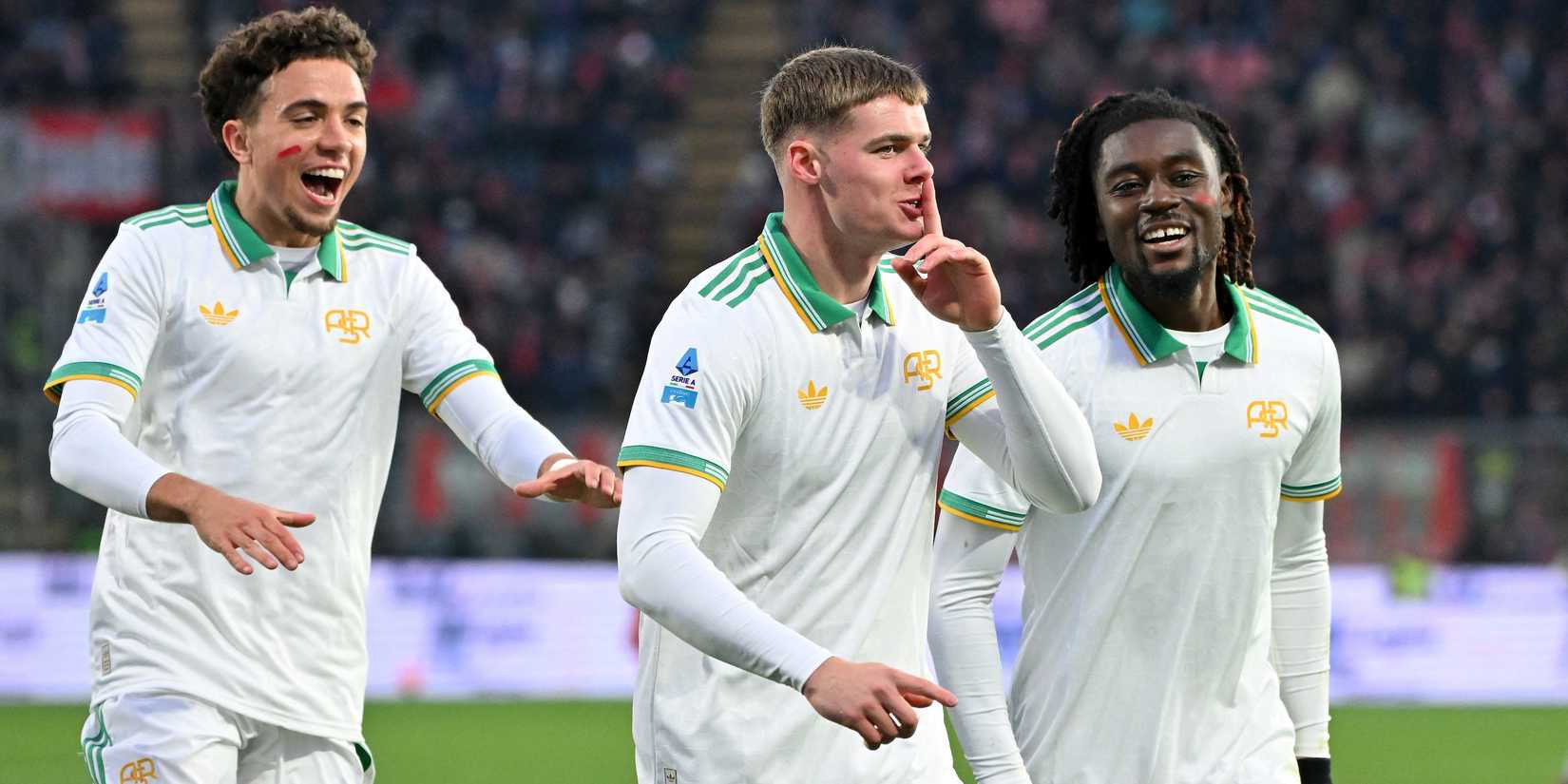 AS Roma's Evan Ferguson celebrates scoring their second goal with Manu Kone