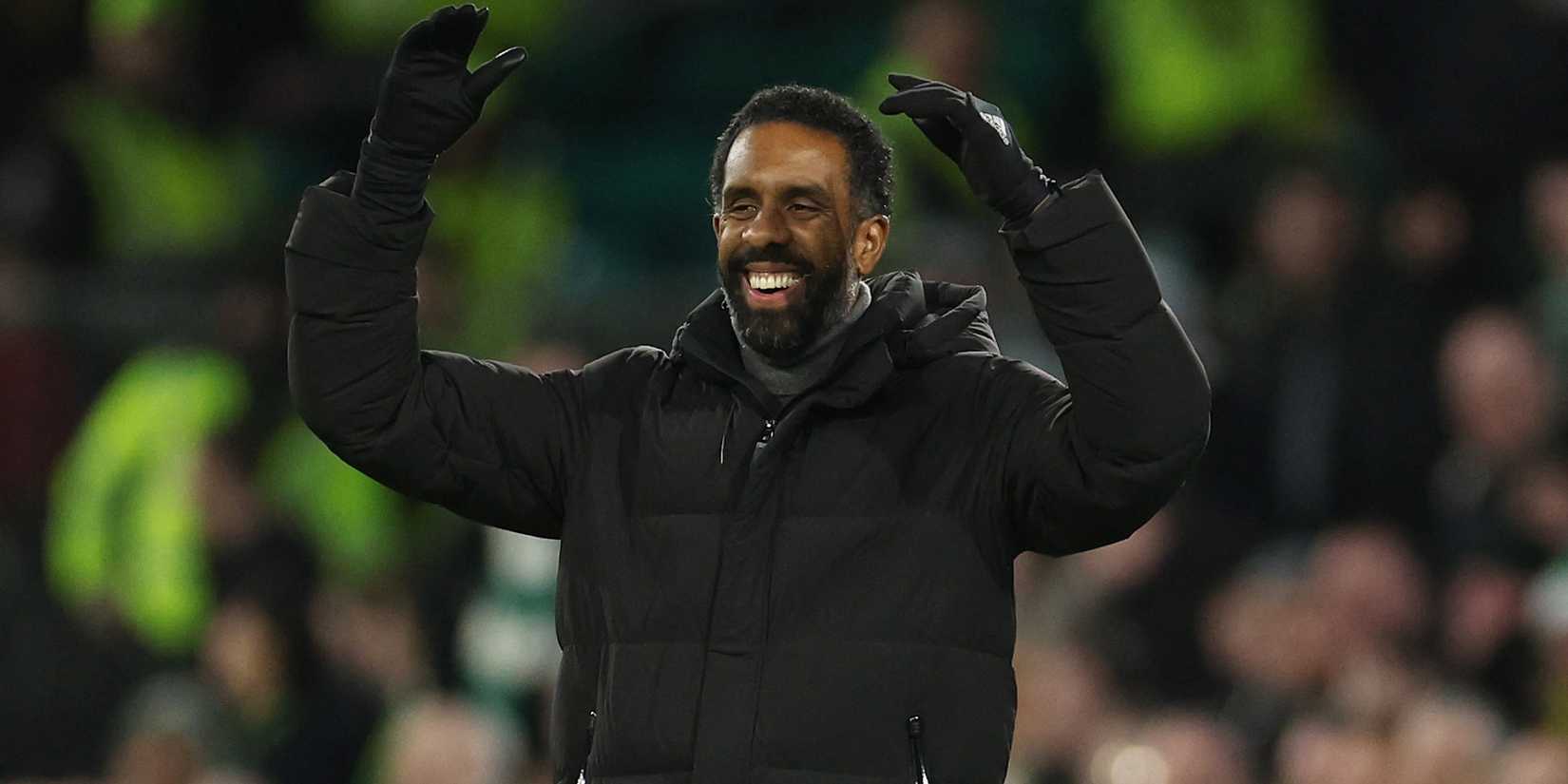 Celtic manager Wilfried Nancy celebrates scoring his third goal scored by Celtic's James Forrest