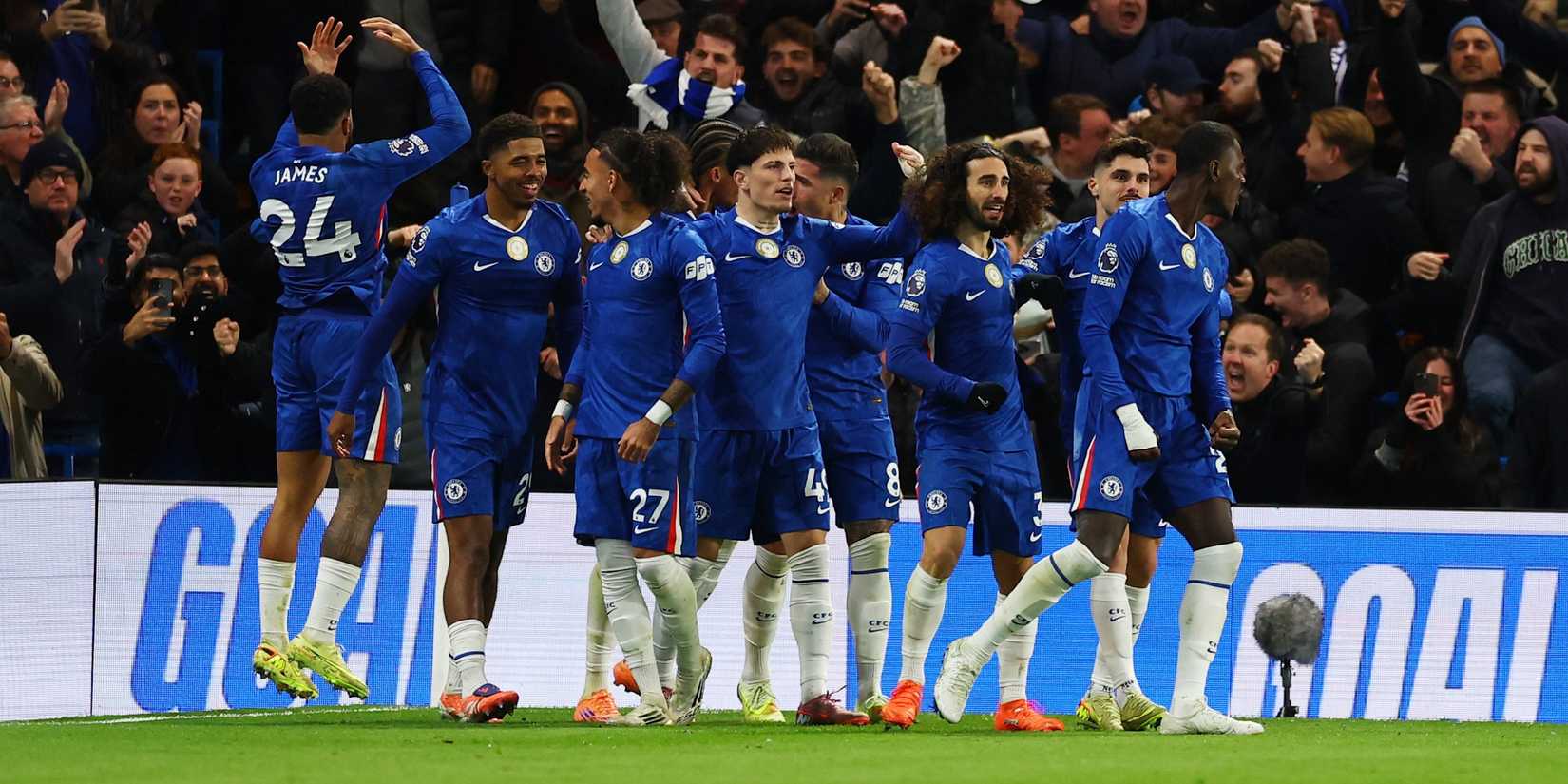Chelsea's Trevoh Chalobah celebrates scoring their first goal with teammates