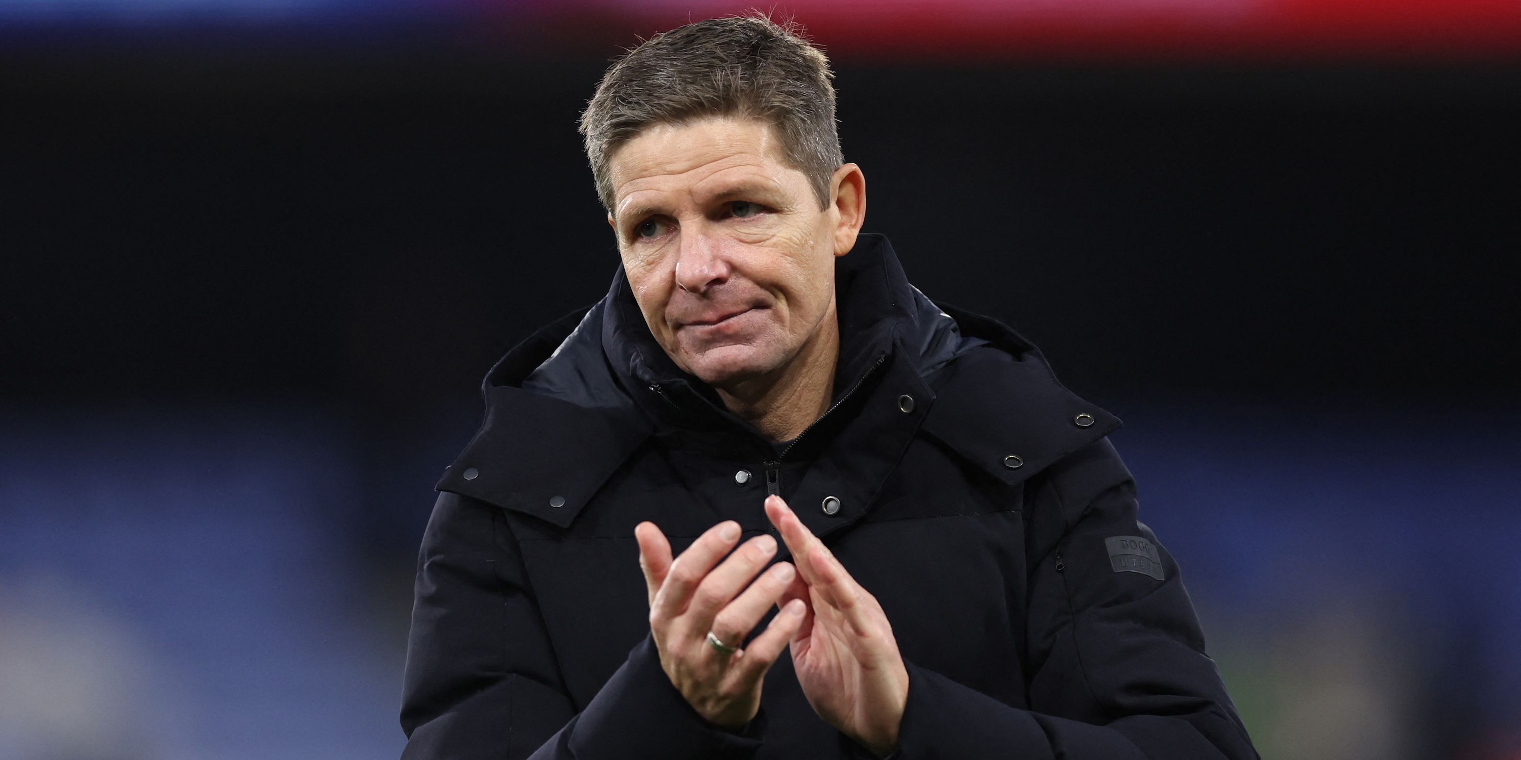 Crystal Palace manager Oliver Glasner applauds fans after the match