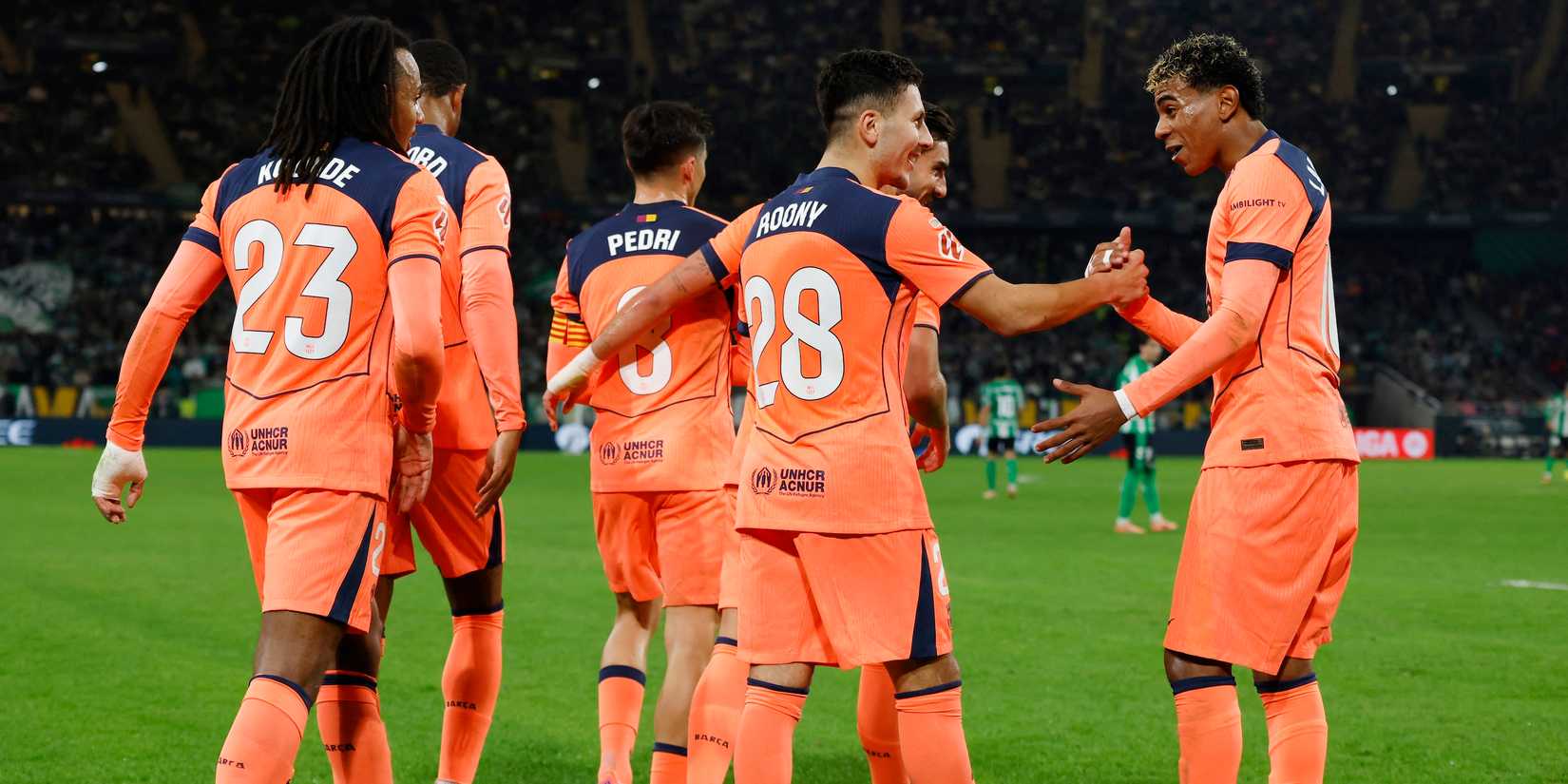 Roony Bardghji of FC Barcelona celebrates his third goal with Lamine Yamal 