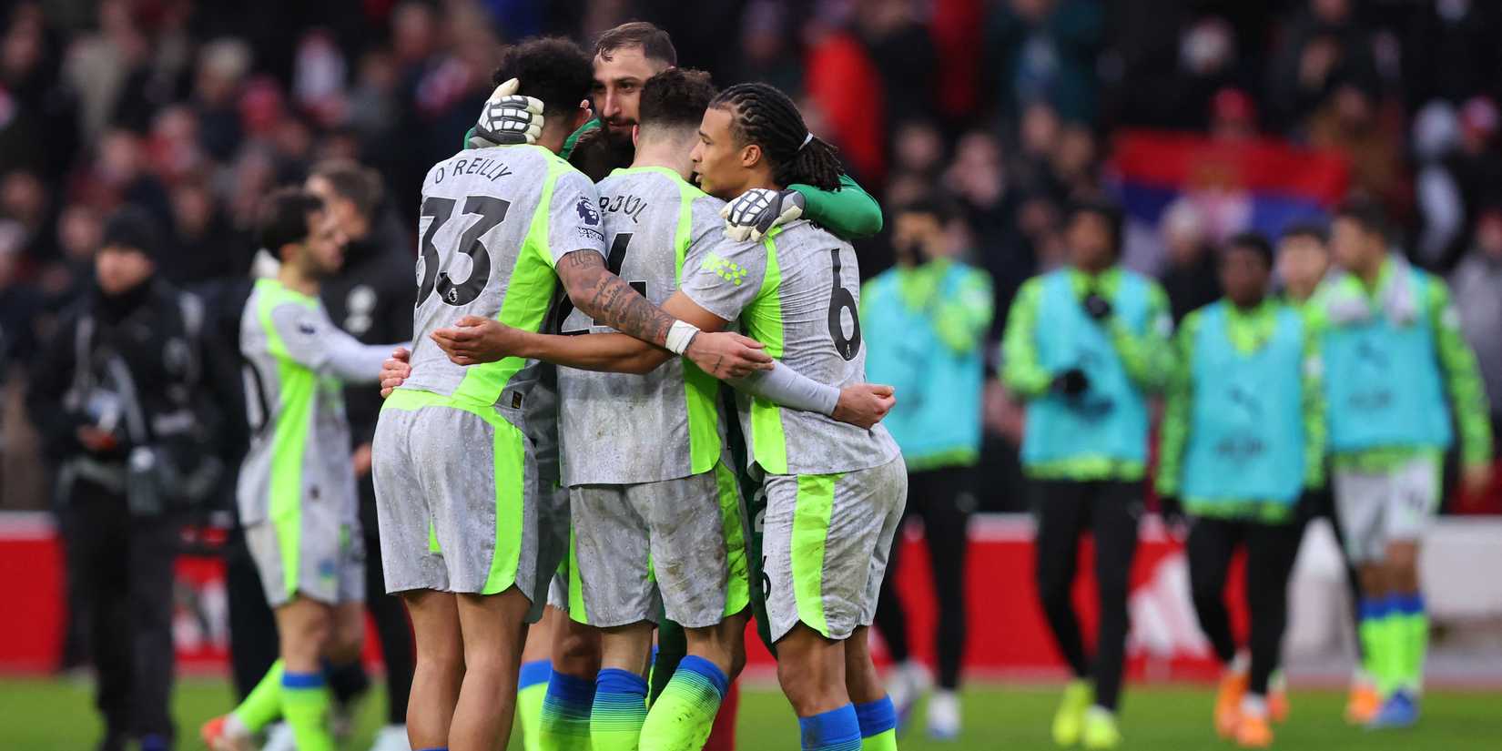 Manchester City's Gianluigi Donnarumma, Nico O'Reilly, Josko Gvardiol and Nathan Ake celebrate