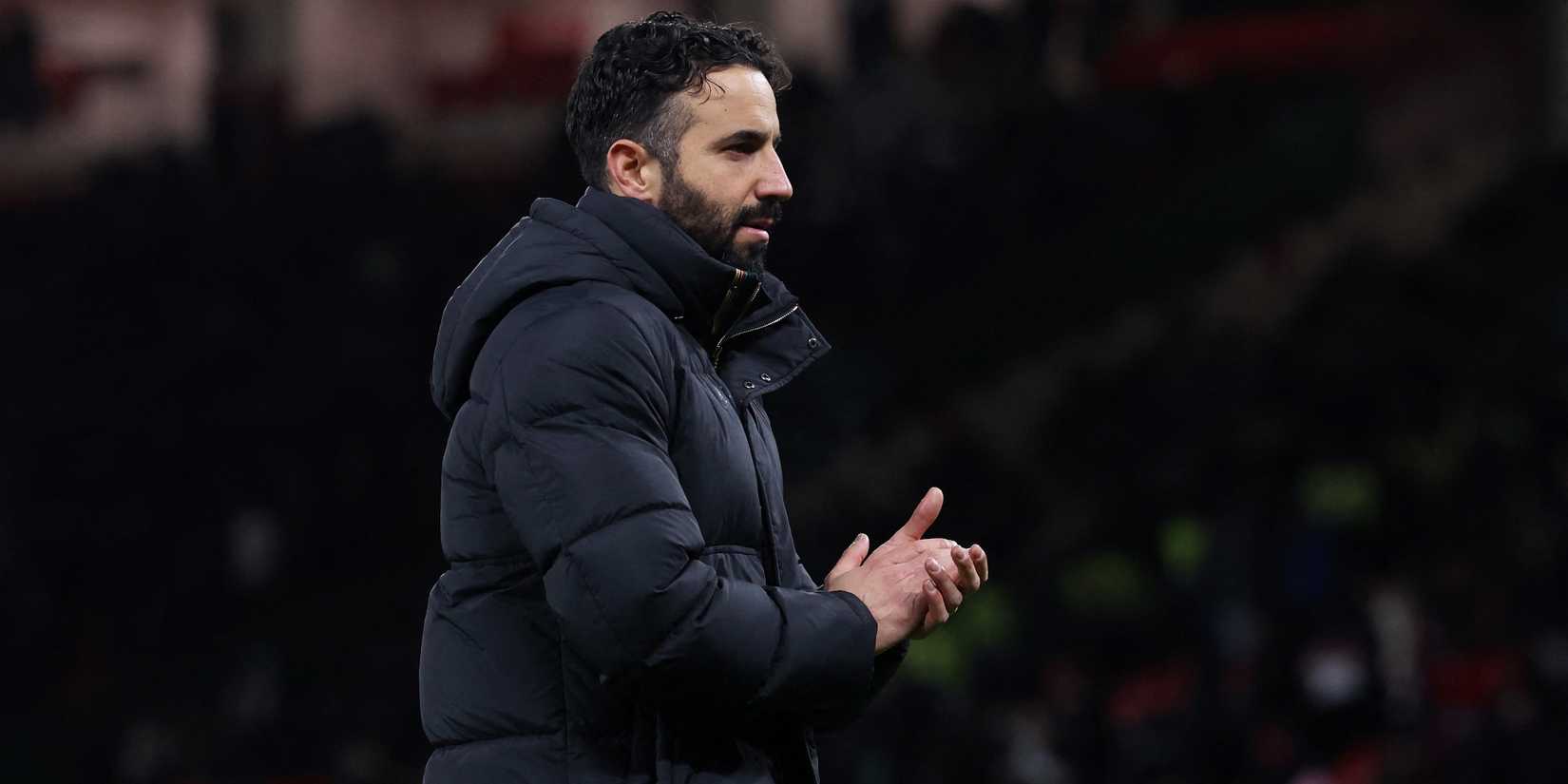 Manchester United manager Ruben Amorim applauds fans after the match