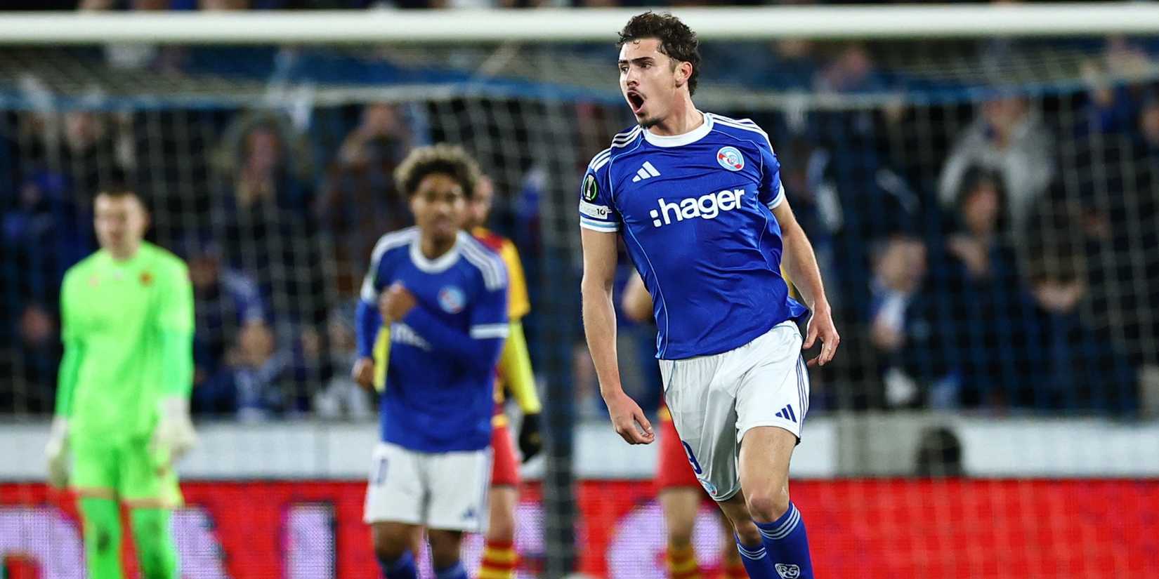 Strasbourg's Joaquin Panichelli celebrates scoring their first goal