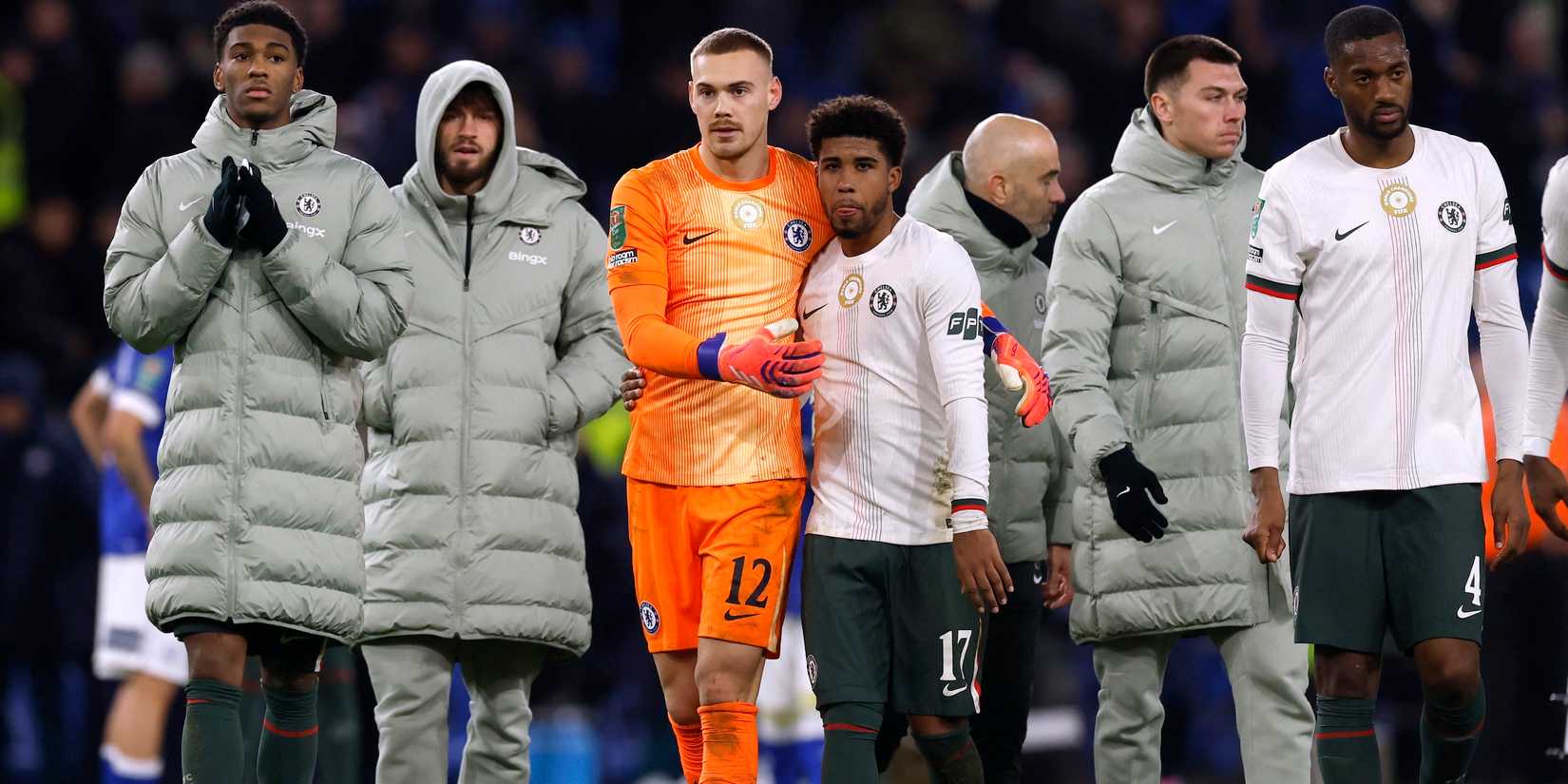 Chelsea's Filip Jorgensen celebrates after the match with manager Enzo Maresca, Andrey Santos, Josh Acheampong, Tosin Adarabioyo and teammates 