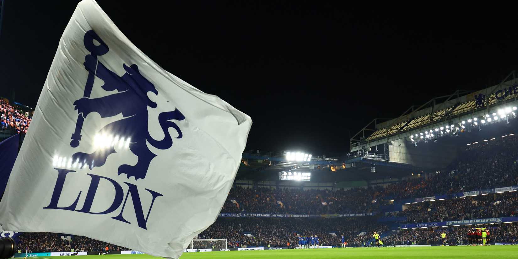General view of a Chelsea flag inside the stadium before the matc