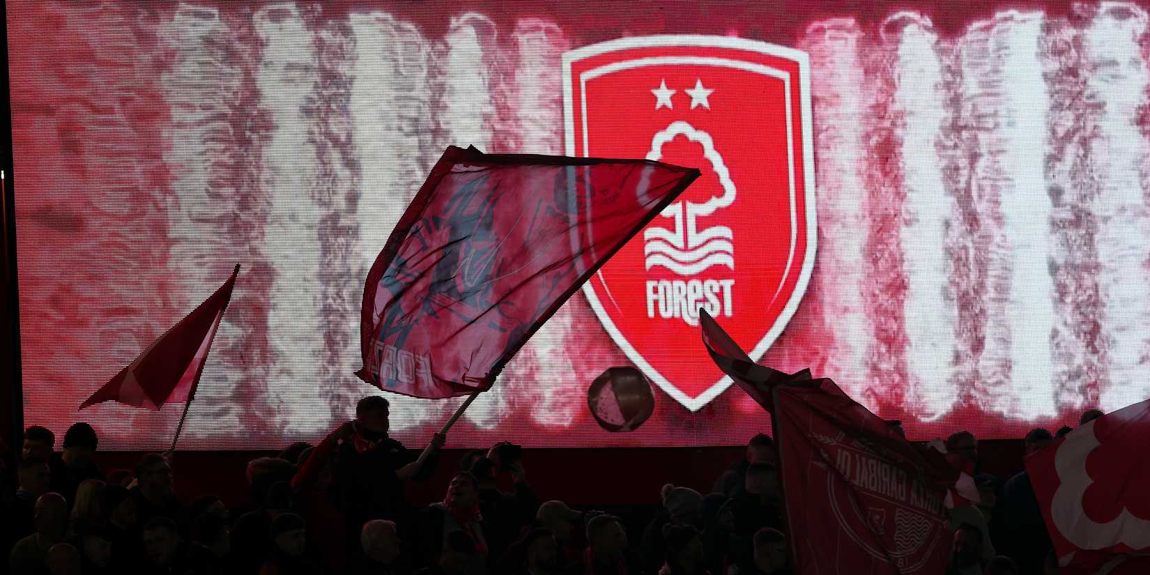 General view of the City Ground and a Nottingham Forest Flag waving in front of the club emblem