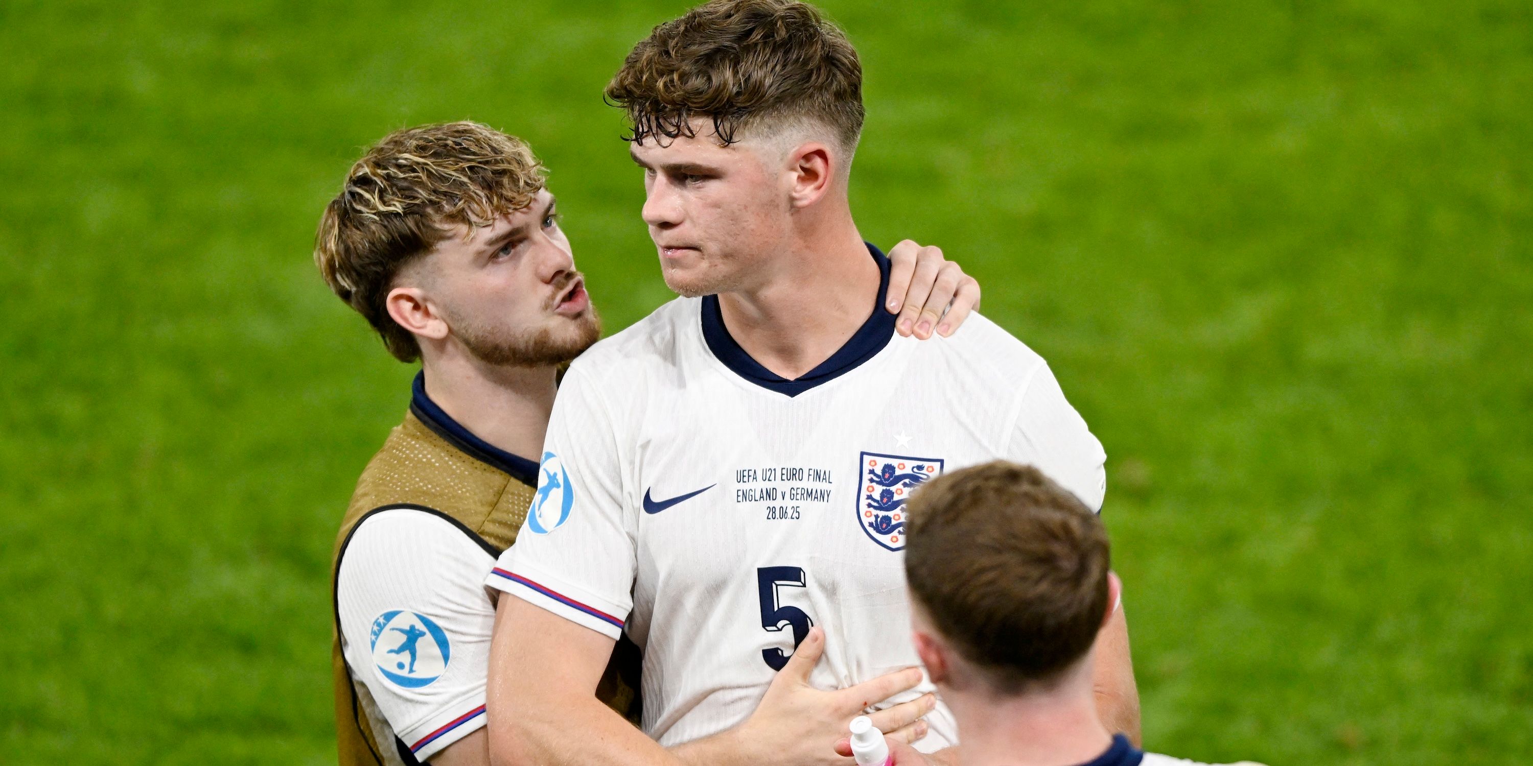 England's Harvey Elliott gives encouragement to Charlie Cresswell before the second period of extra time