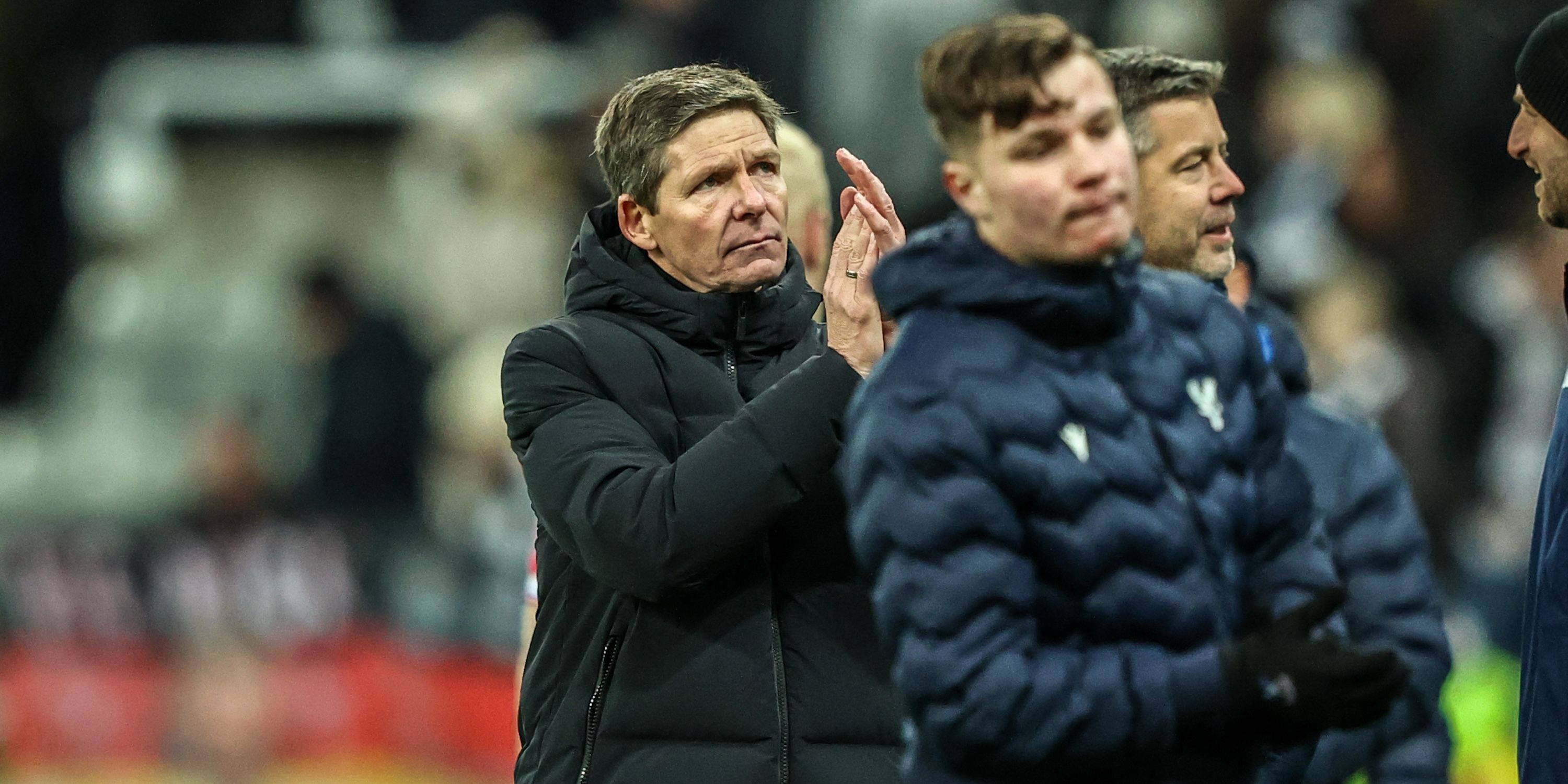 Oliver Glasner manager of Crystal Palace applauds the fans after the game