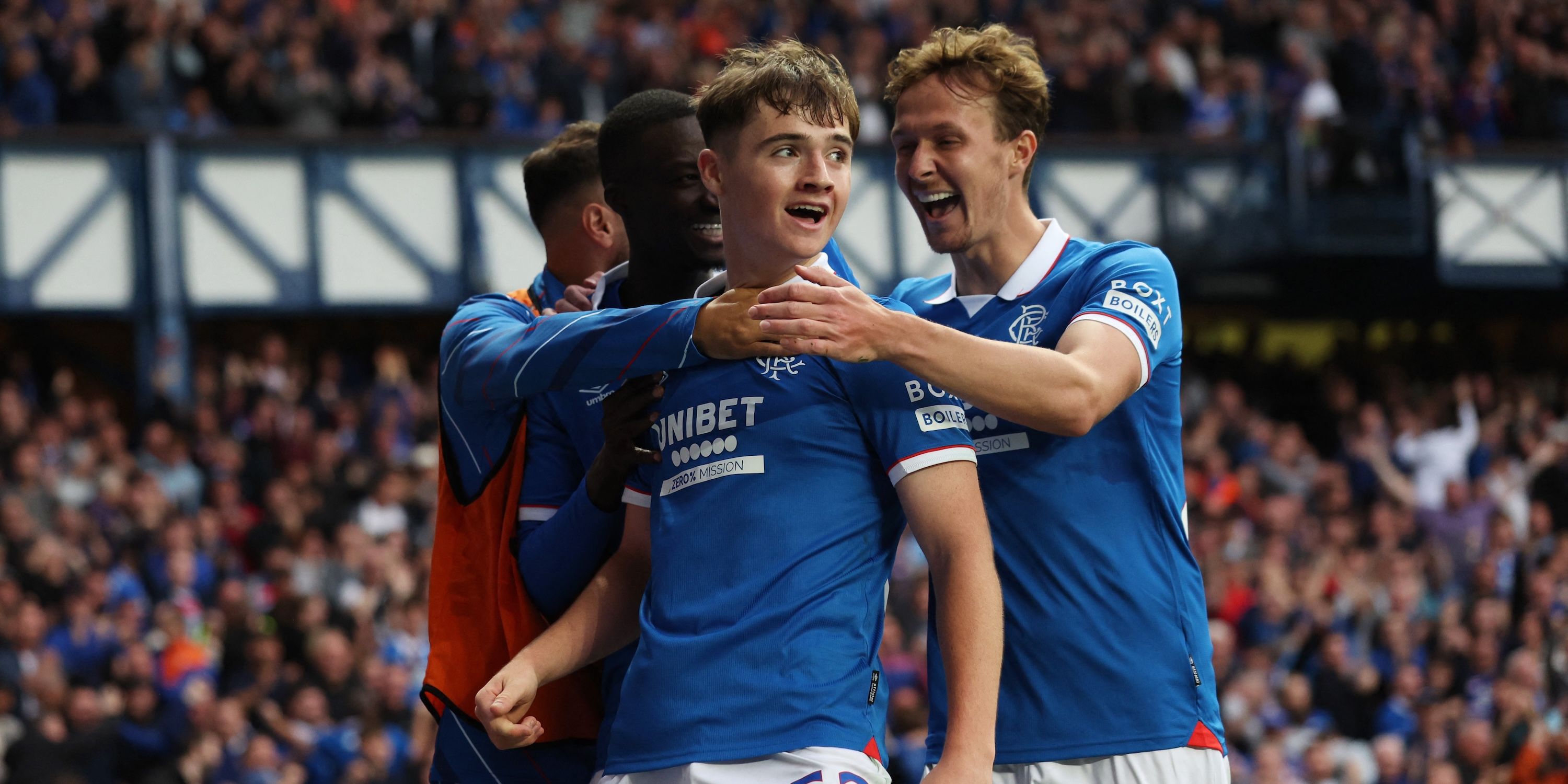 Rangers' Findlay Curtis celebrates with Mohammed Diomande and Kieran Dowell 