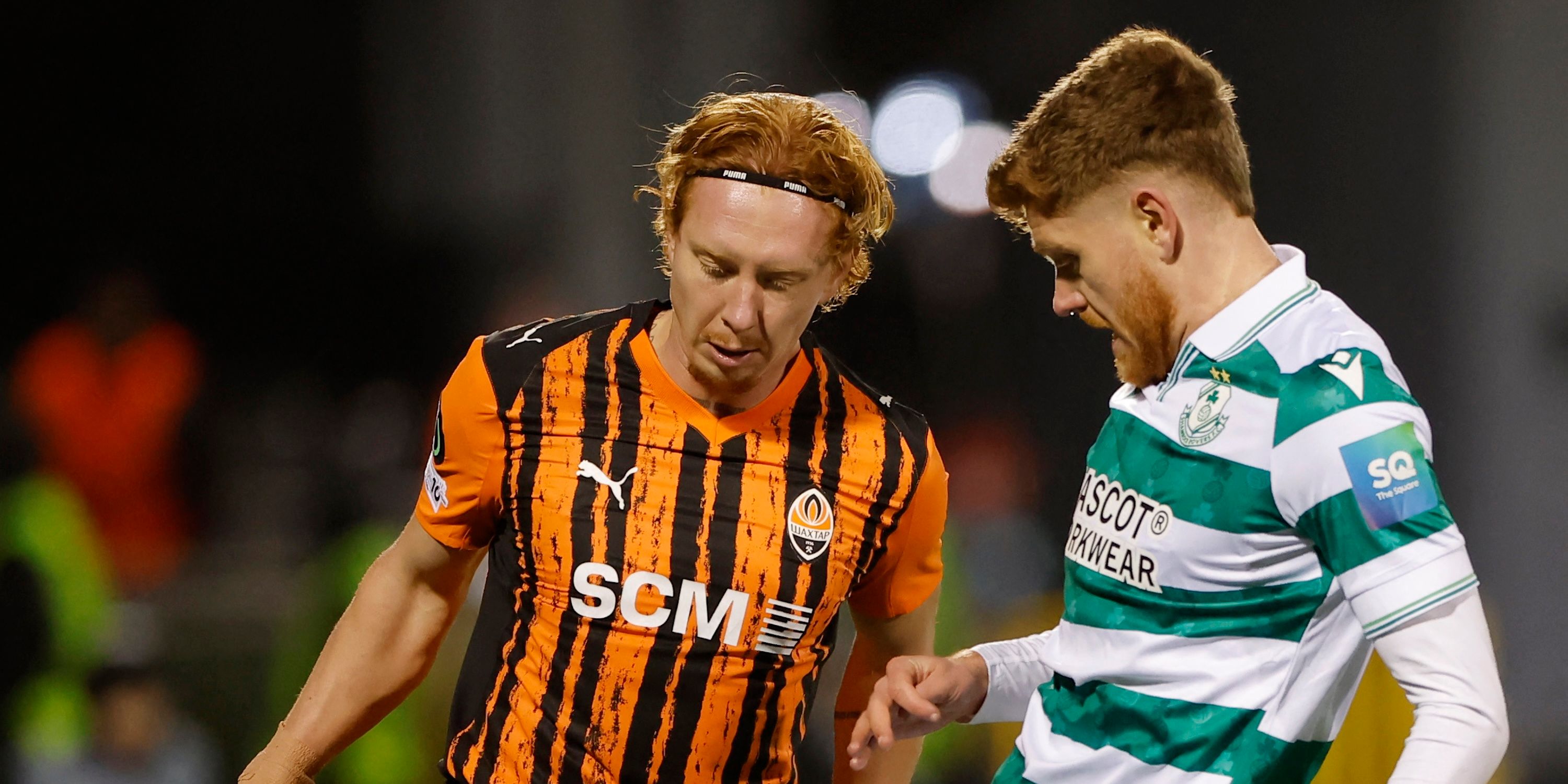 Shakhtar Donetsk's Yukhym Konoplya in action with Shamrock Rovers' Connor Malley 