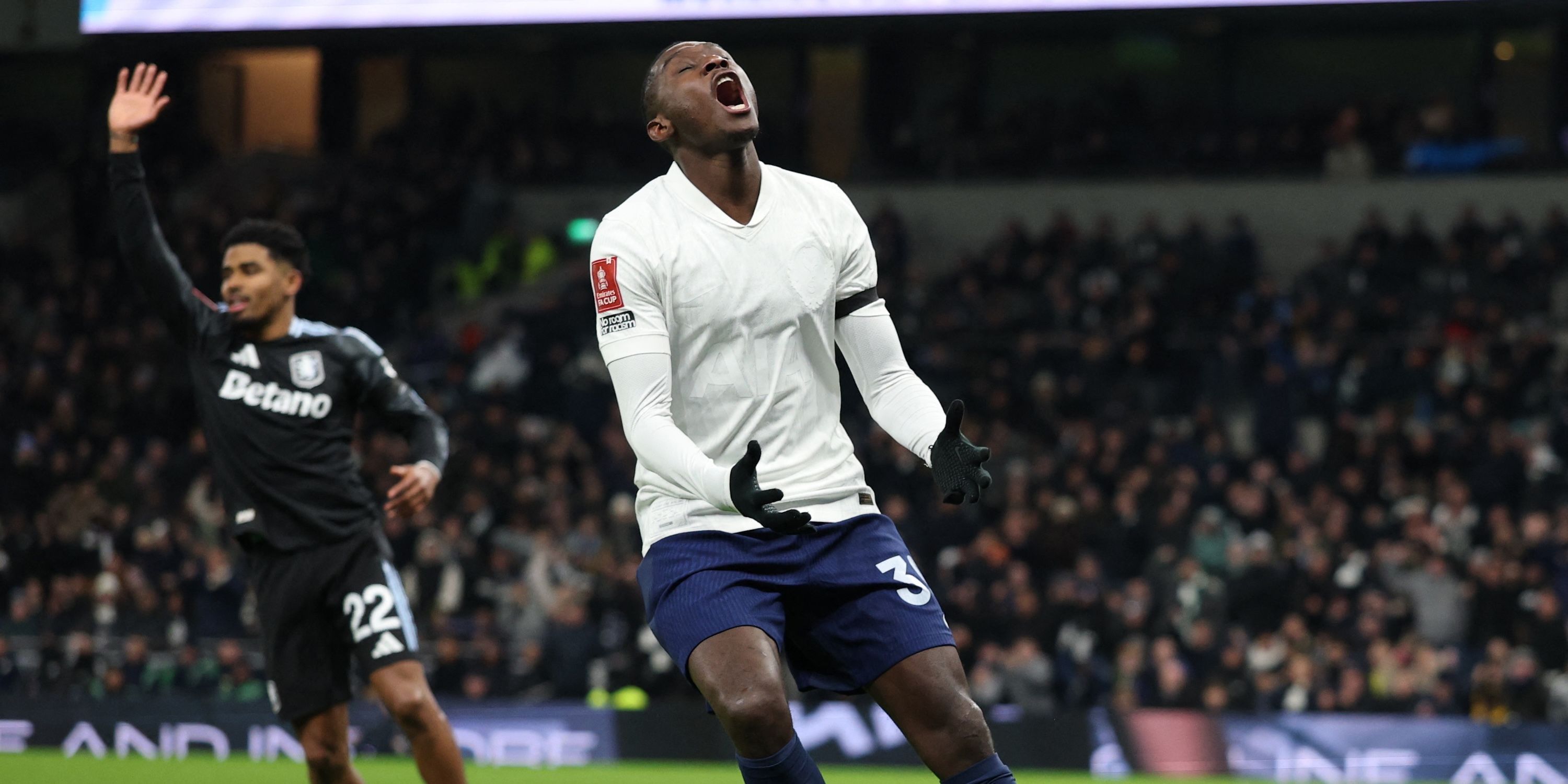 Tottenham Hotspur's Randall Kolo Muani reacts after scoring a goal that was later disallowed 