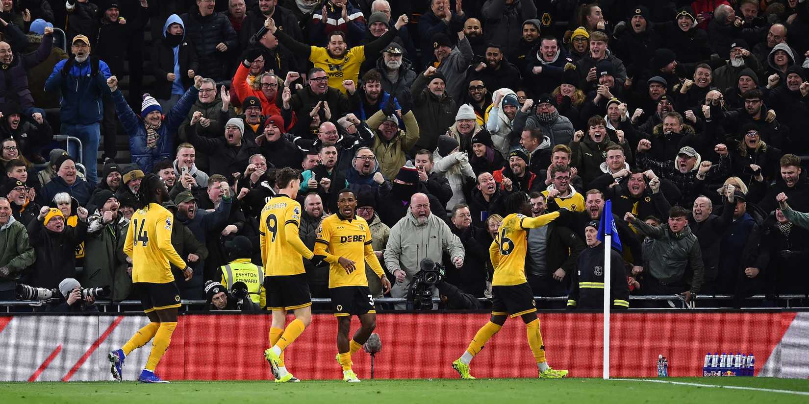 Wolverhampton Wanderers' Mateus Mane celebrates scoring their first goal with teammates