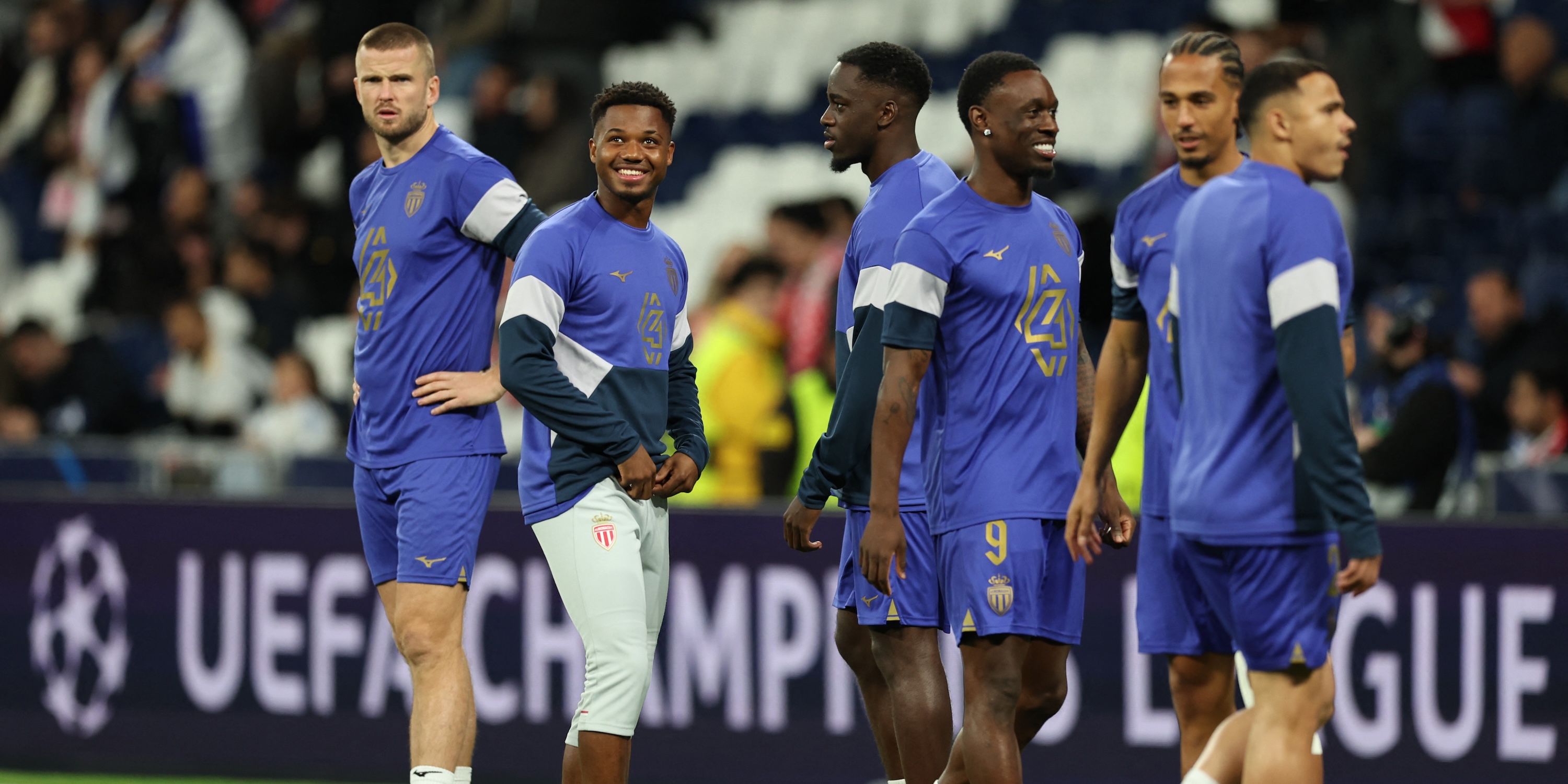 AS Monaco's Eric Dier and Ansu Fati during the warm up before the match