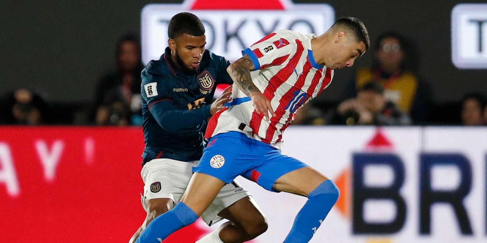 Ecuador's Patrik Mercado in action with Paraguay's Miguel Almiron