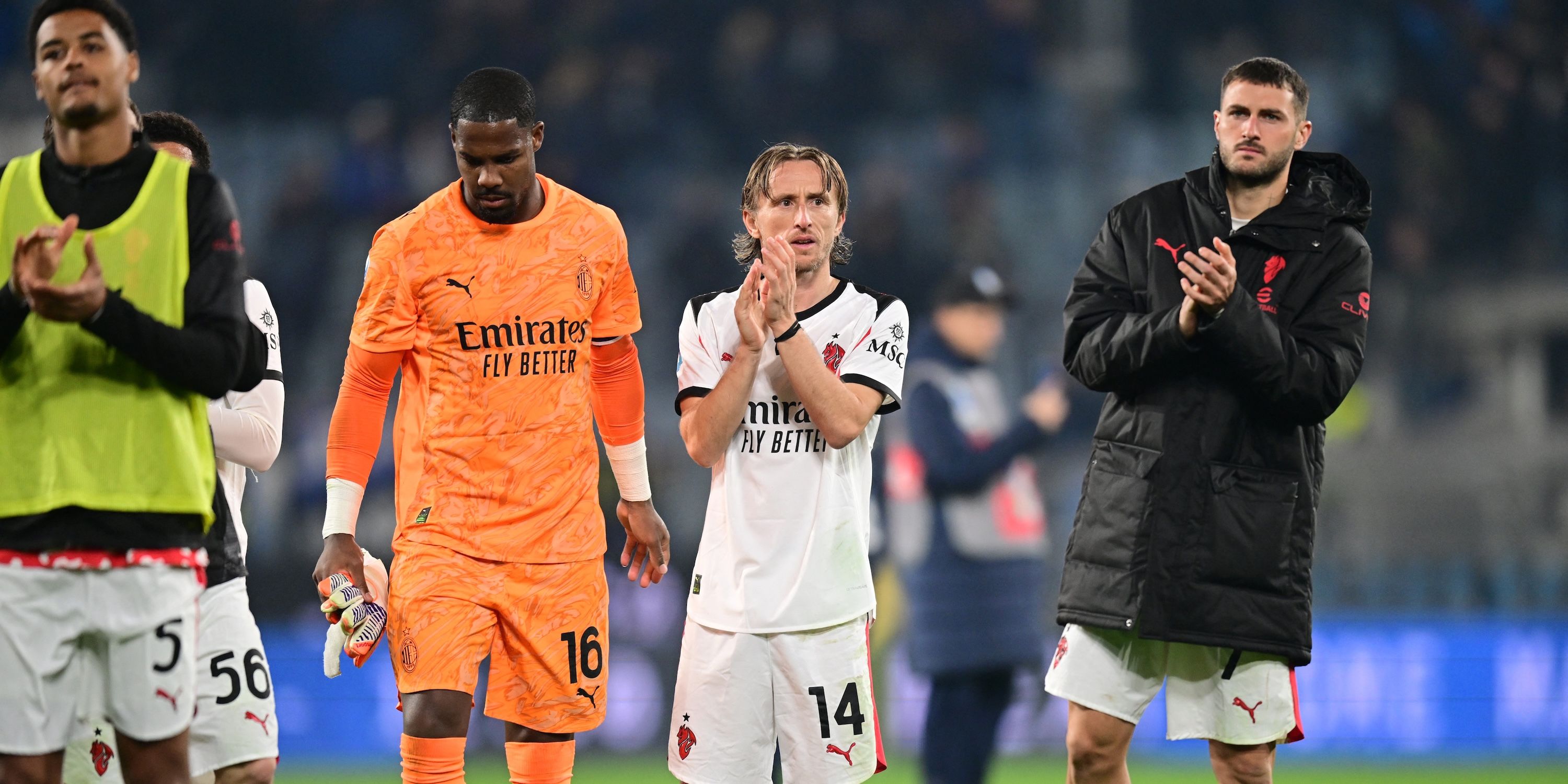 AC Milan's Santiago Gimenez, AC Milan's Luka Modric and AC Milan's Mike Maignan react after the match