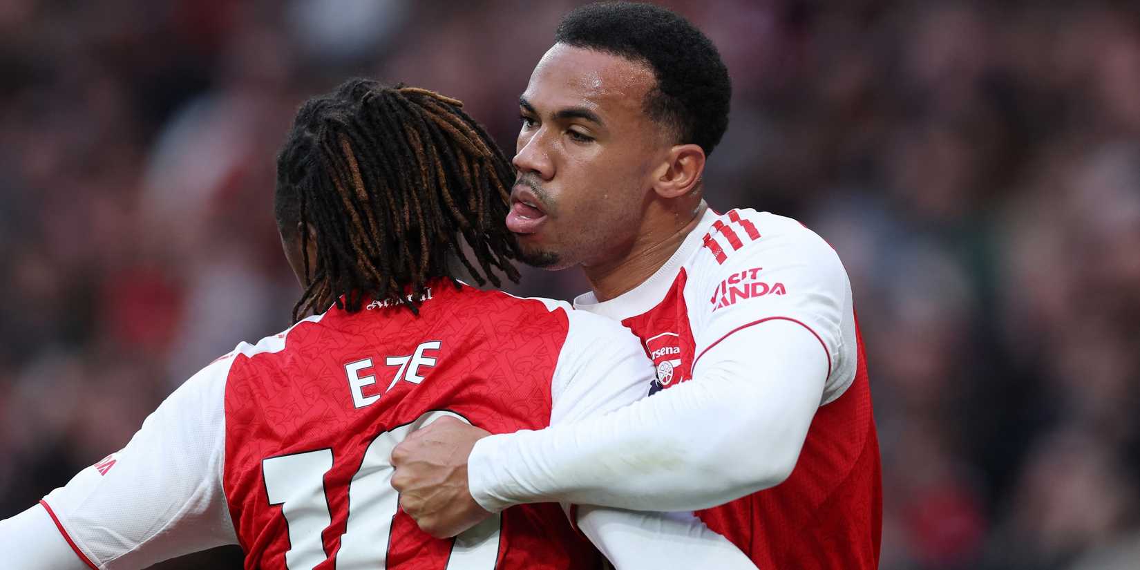Arsenal's Eberechi Eze and Gabriel Magalhaes celebrate after William Saliba scores their first goal 
