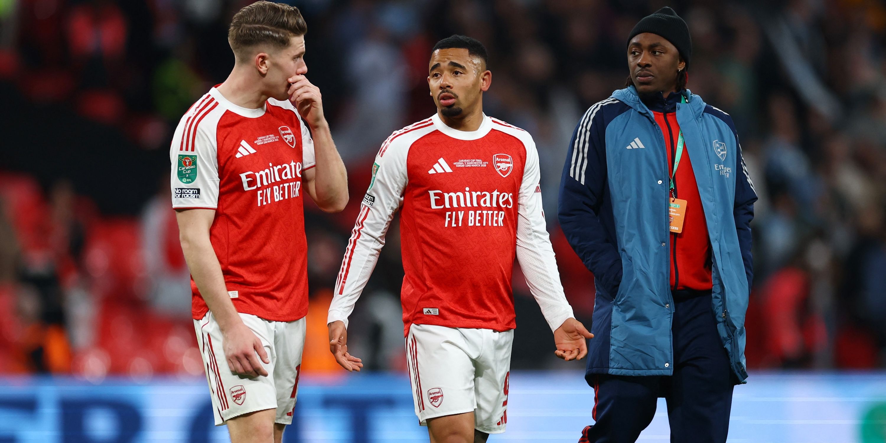 Arsenal's Viktor Gyokeres, Gabriel Jesus and Eberechi Eze look dejected after losing the Carabao Cup Final to Manchester City