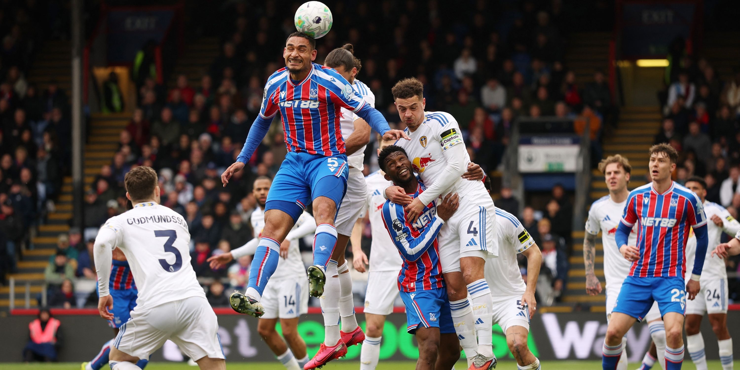 Crystal Palace's Maxence Lacroix and Jefferson Lerma against Leeds United's Ethan Ampadu and Dominic Calvert-Lewin
