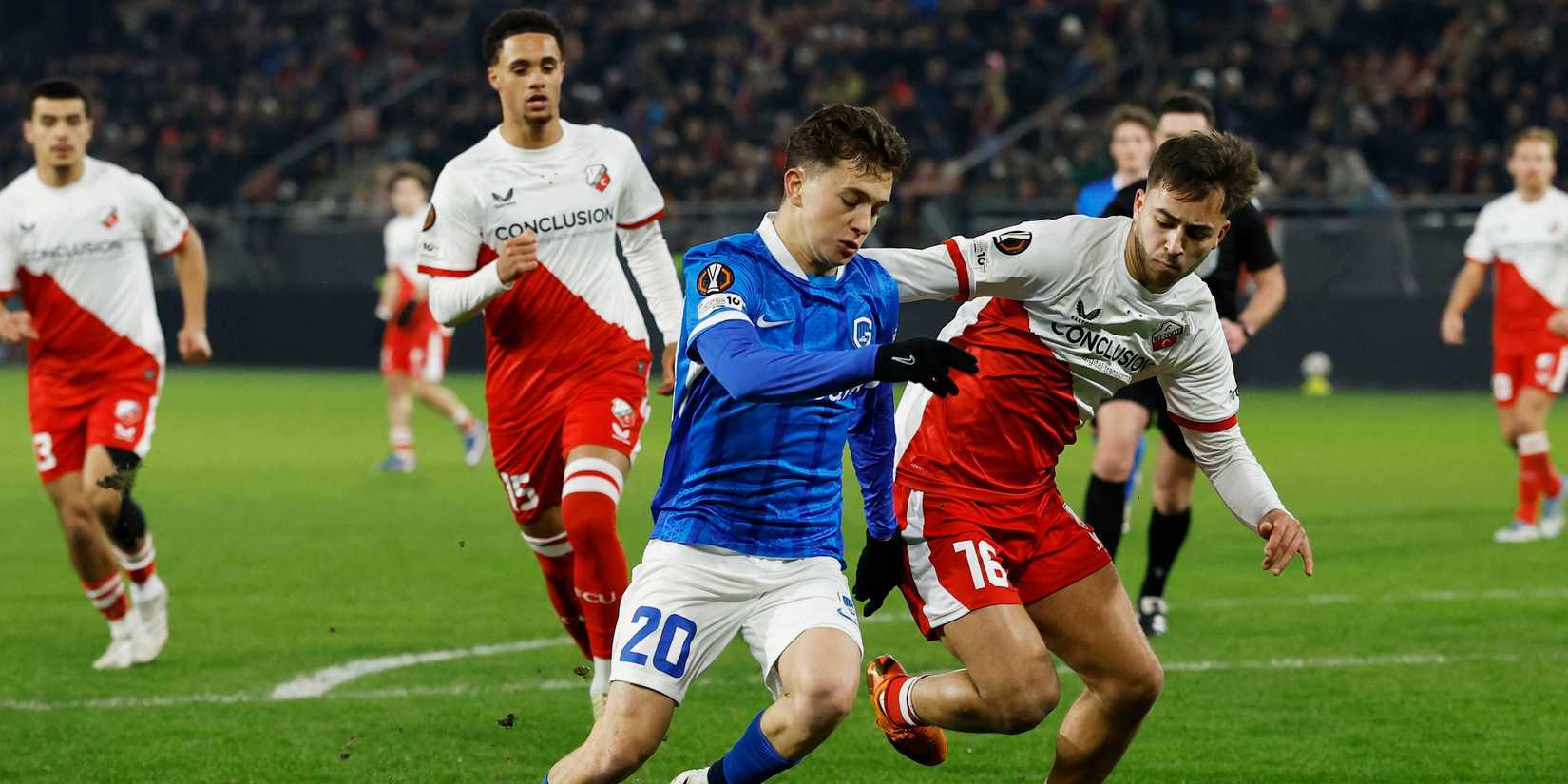 KRC Genk's Konstantinos Karetsas in action with FC Utrecht's Souffian El Karouani