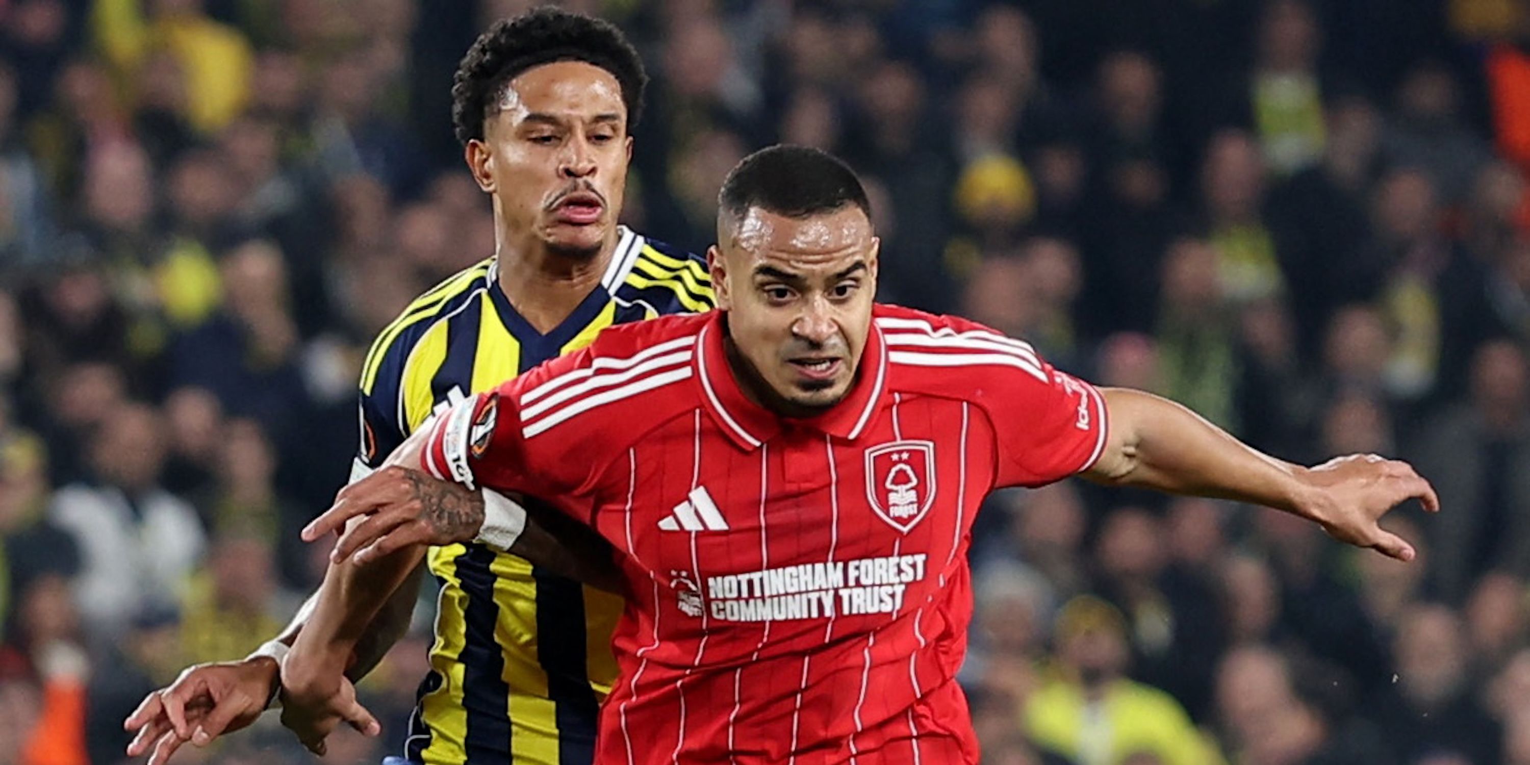 Nottingham Forest's Murillo in action with Fenerbahce's Jayden Oosterwolde