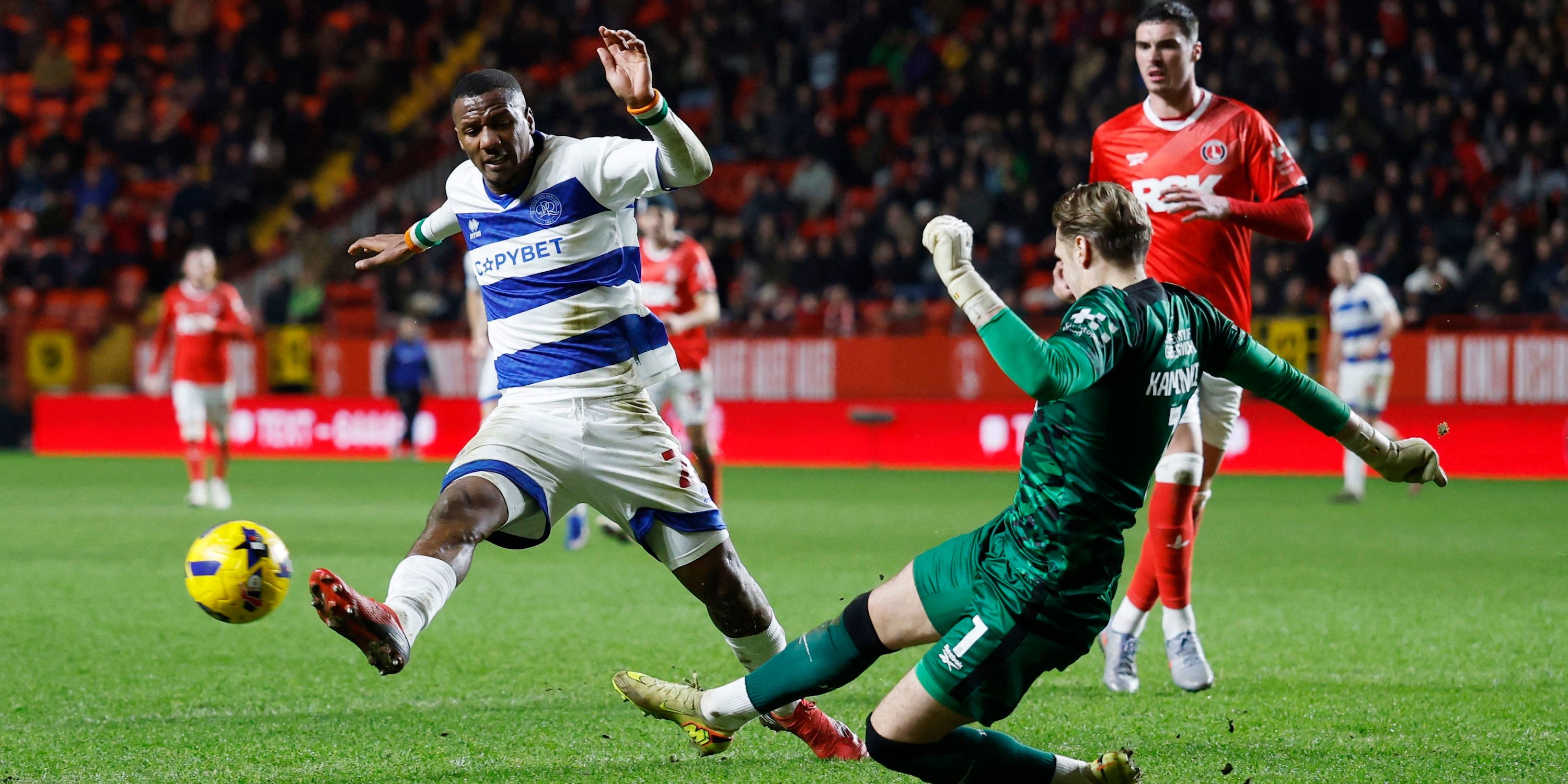 Queens Park Rangers' Richard Kone in action with Charlton Athletic's Thomas Kaminski 