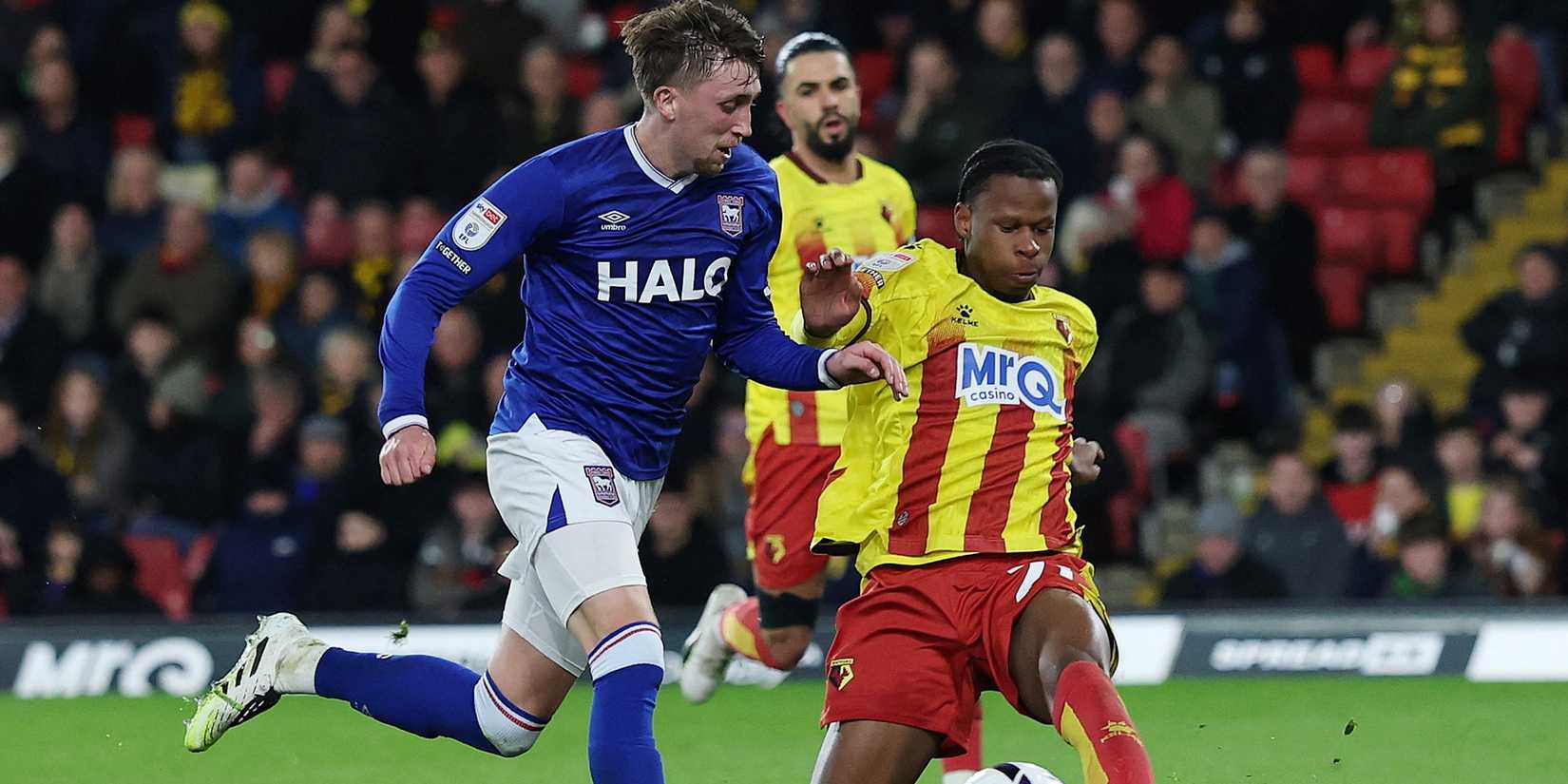 Stephen Mfuni of Watford playing against Daniel Neil of Ipswich Town 