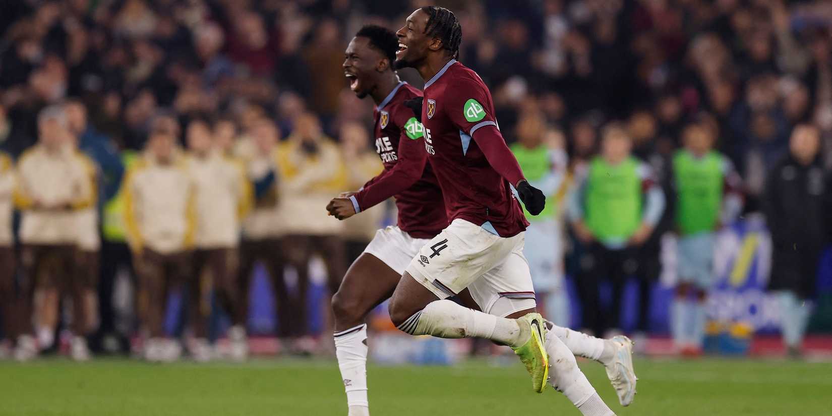 West Ham United's Axel Disasi and Soungoutou Magassa celebrate winning the penalty shootout