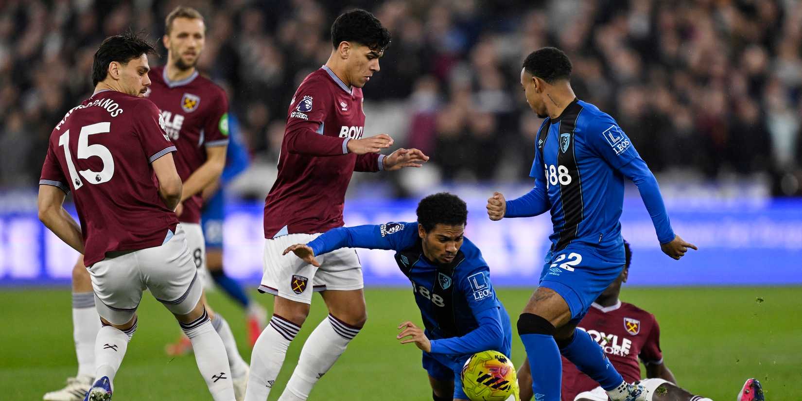 West Ham United's Konstantinos Mavropanos and Mateus Fernandes in action with AFC Bournemouth's Eli Junior Kroupi and Amine Adli