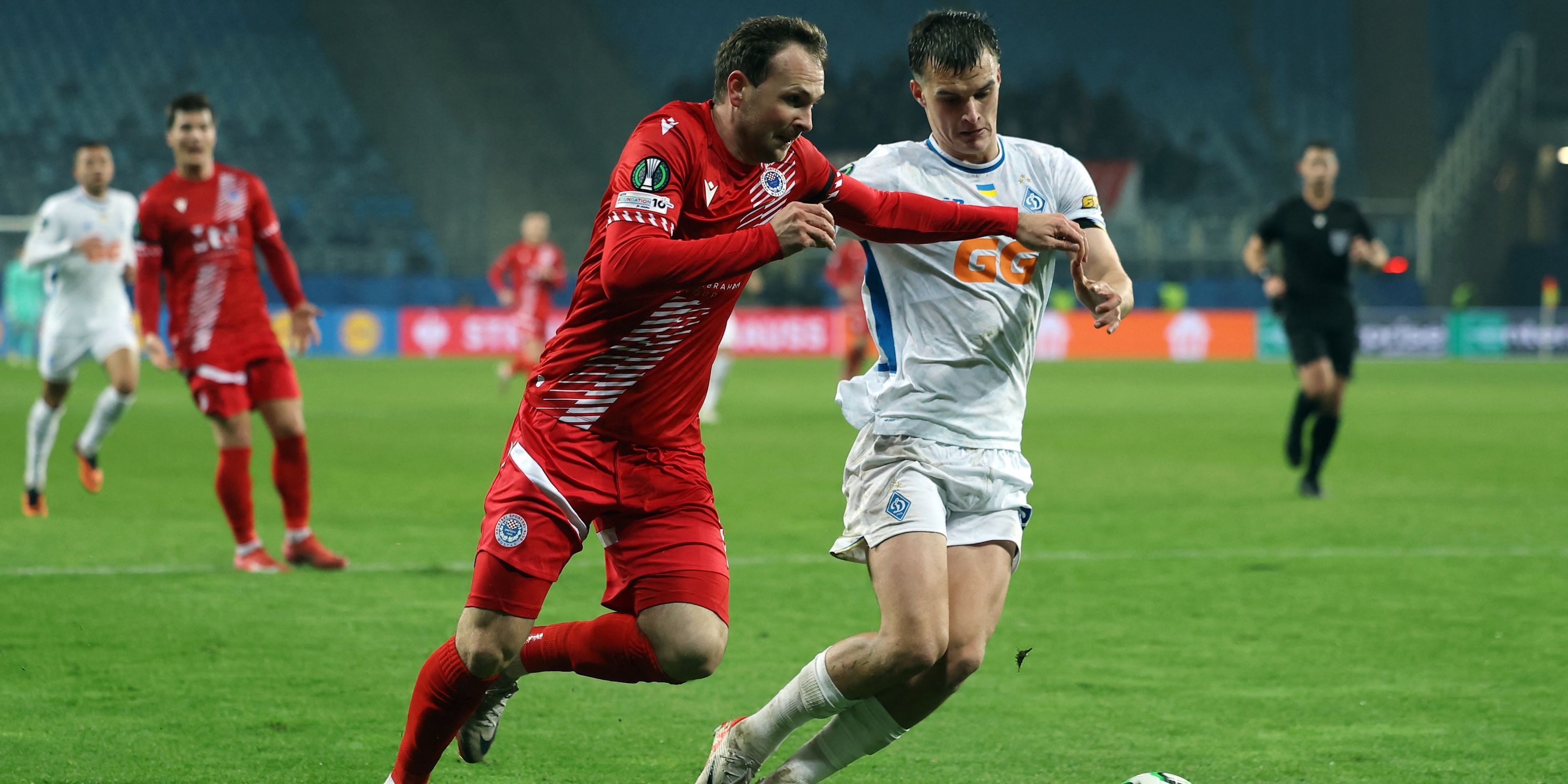 Zrinjski Mostar's Leo Mikic in action with Dynamo Kyiv's Taras Mykhavko